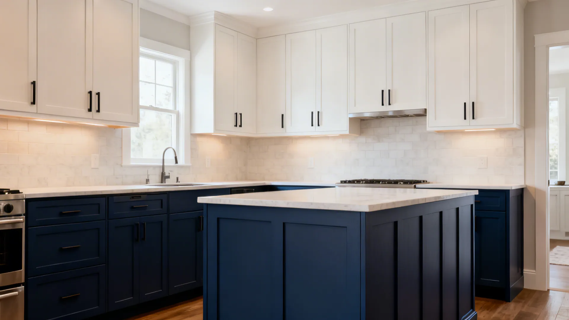 Two-tone kitchen with deep navy lowers and warm white uppers creating height and balance.