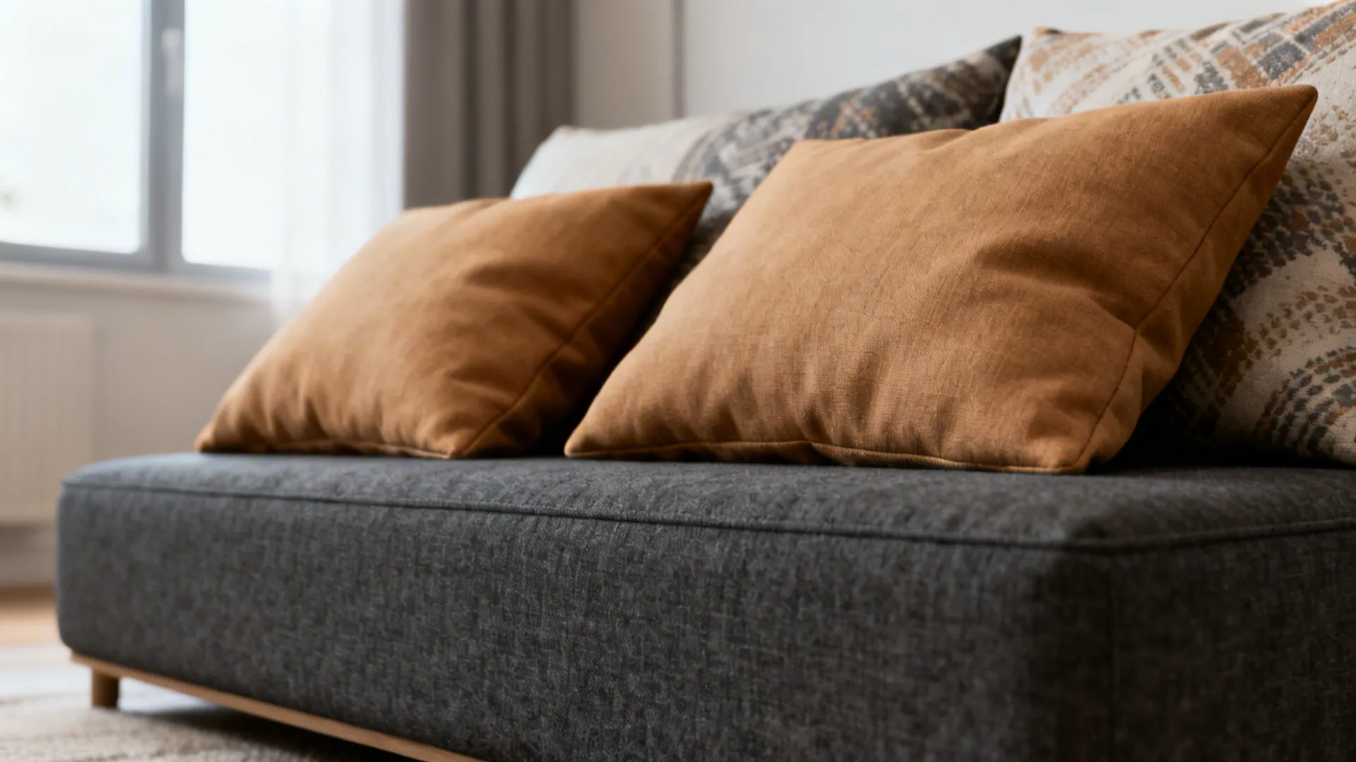 Two-tone sofa with charcoal base and tan cushions showing fabric texture