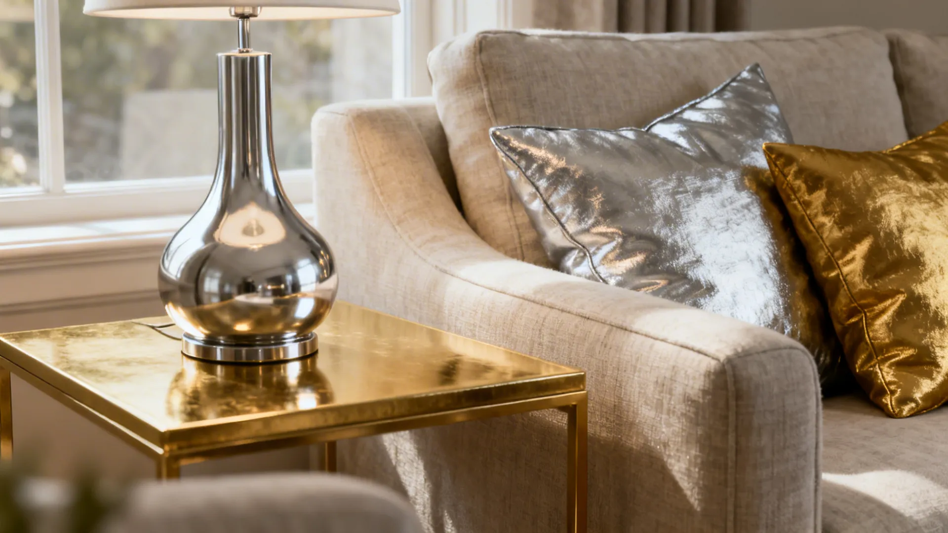 Silver table lamp on gold side table next to beige sofa with shiny metallic pillows