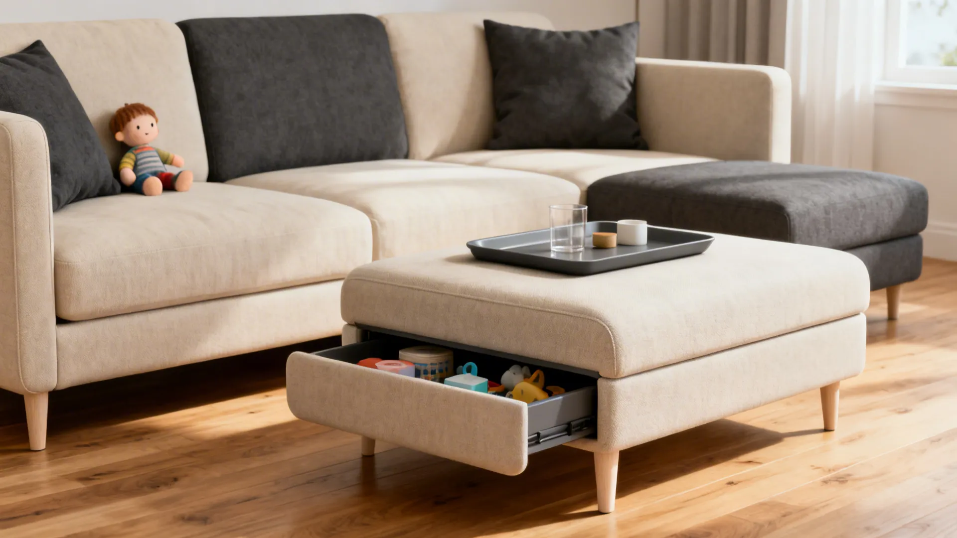 Two-tone sofa with a storage ottoman used as a coffee table in soft neutrals.