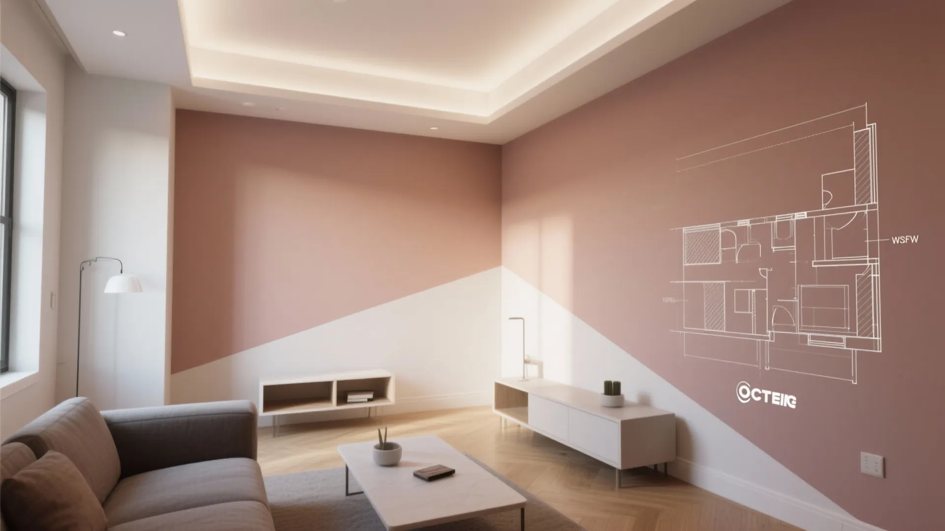 Modern living room with two-tone pink walls, grey sofa, coffee table, and interior design drawing