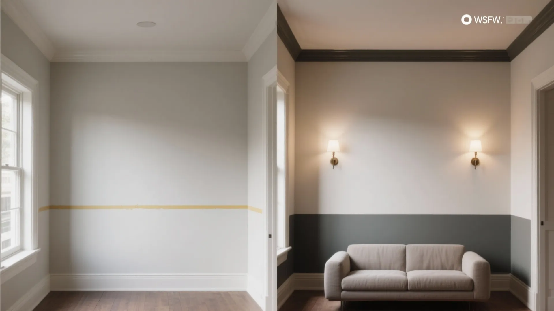 Before and after comparison of a plain white wall versus a two tone painted wall