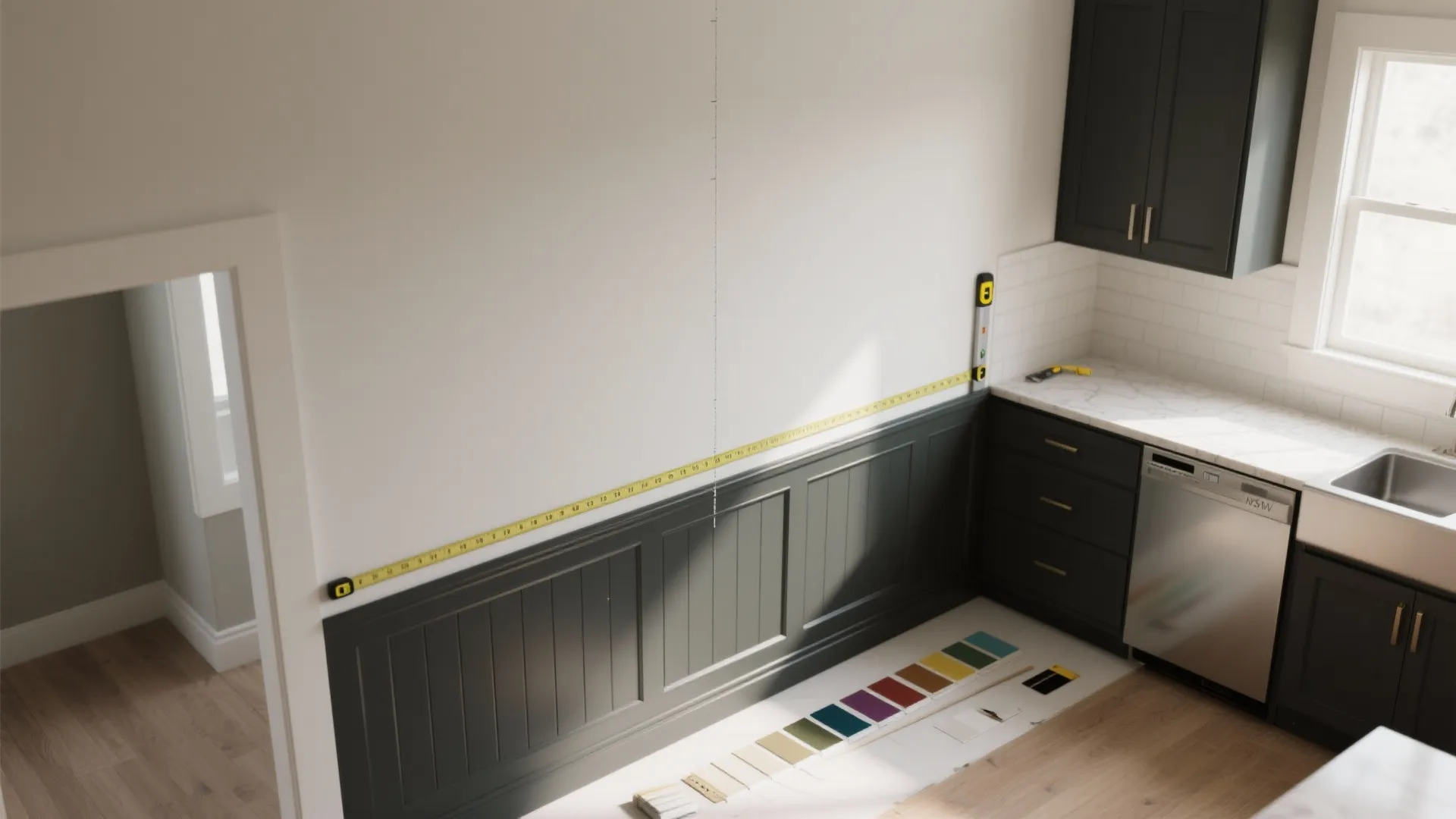 Measuring a white wall with dark grey wall panel using a yellow measuring tape tool