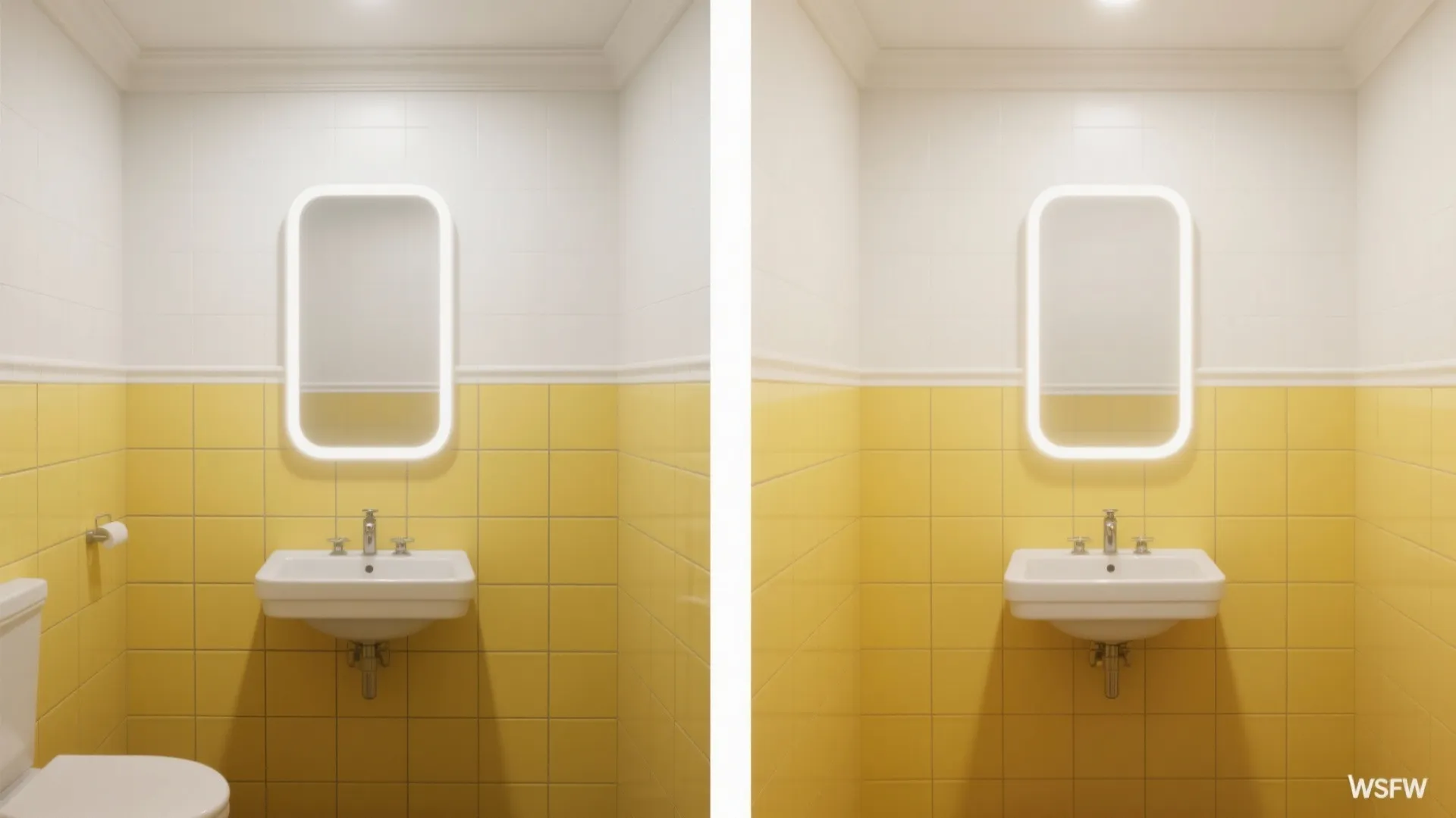 Before and after comparison of bathroom wall tiles with yellow bottom and white top half sections