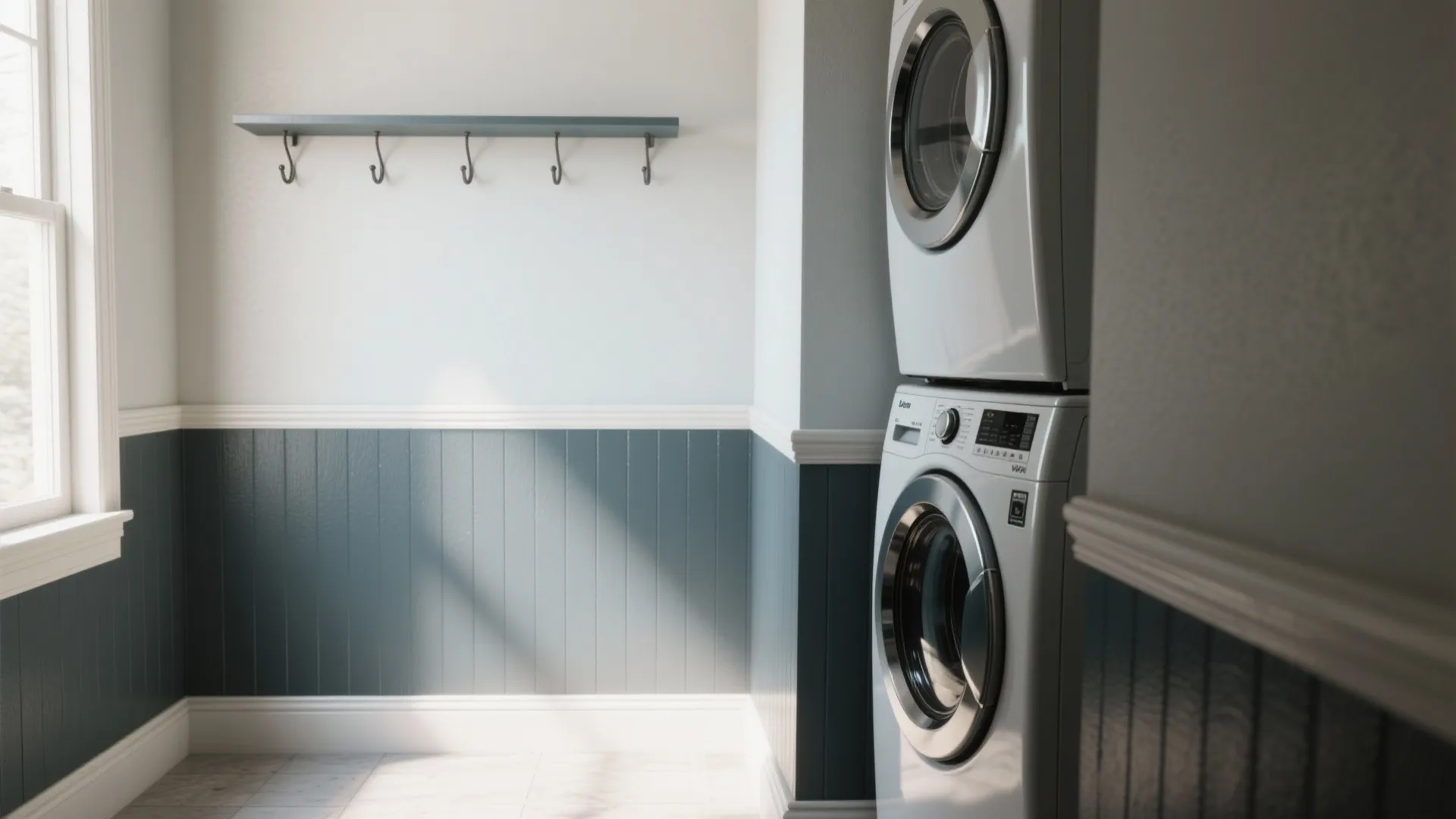 Two-tone laundry wall with a darker washable lower paint and a lighter upper tone separated by a chair rail.