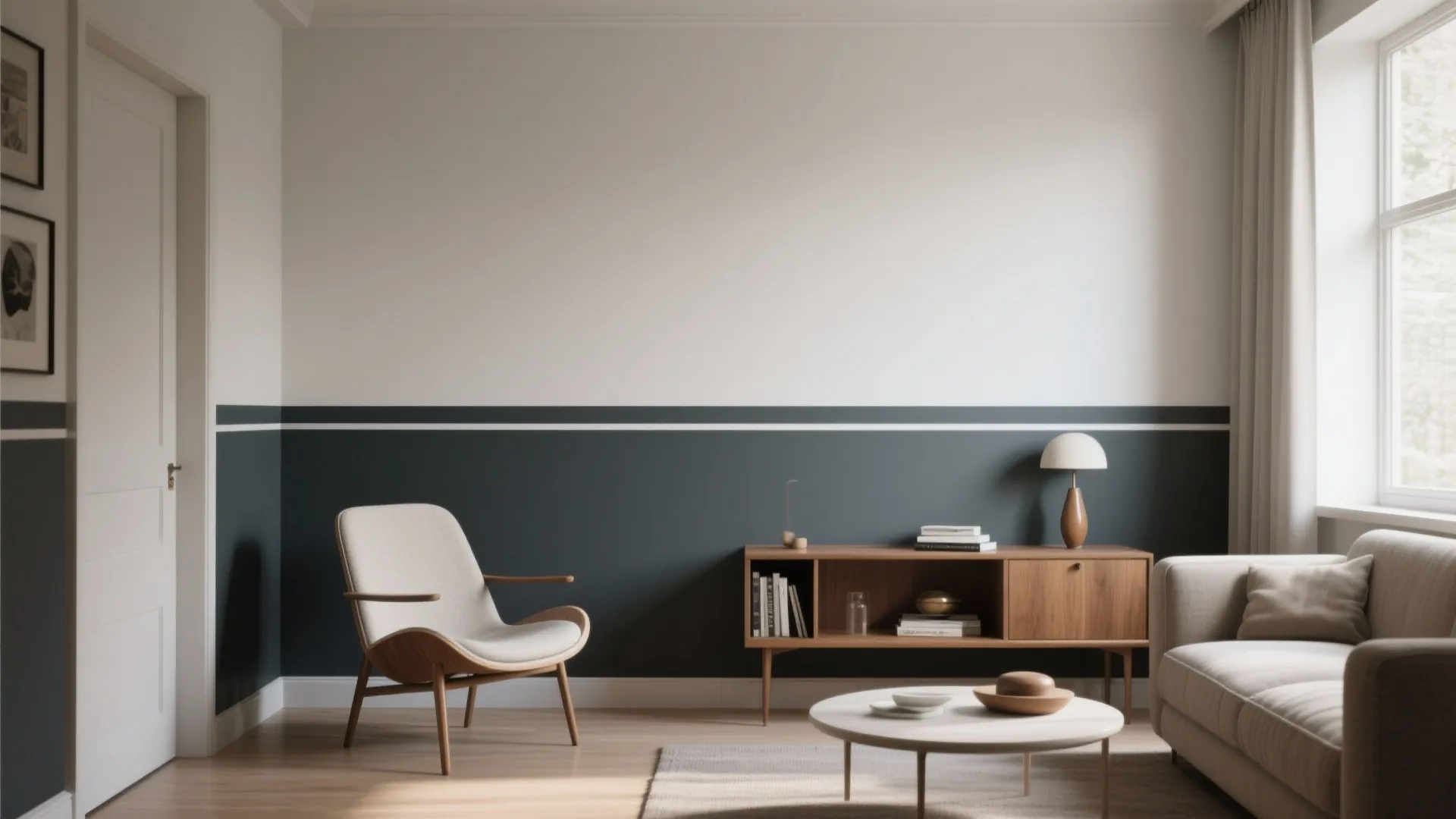 Small living area with a horizontal two-tone wall, darker lower half and lighter upper half divided by a crisp tape line.