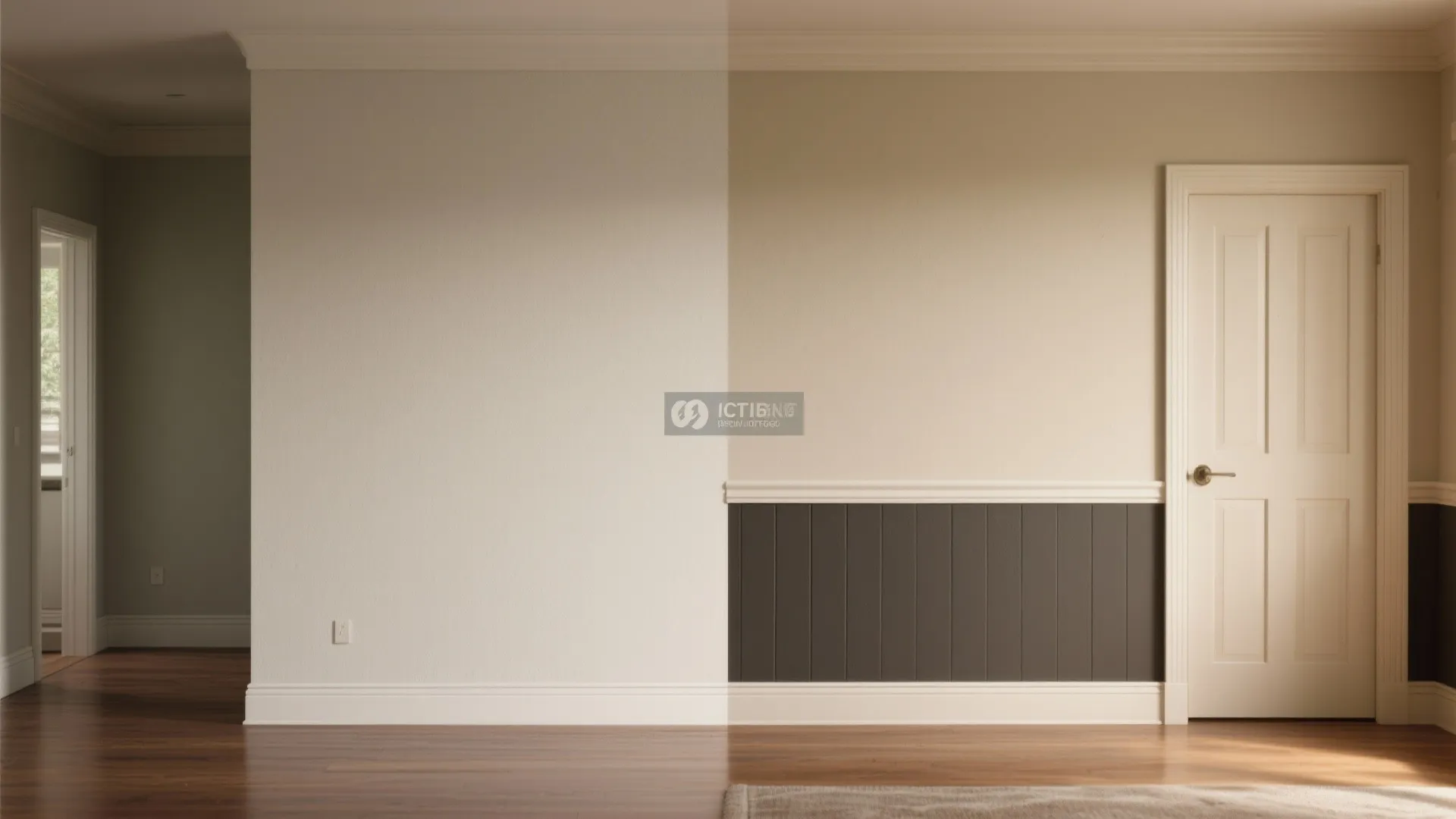 Before and after of a wall split horizontally with a durable darker lower finish and lighter upper paint.