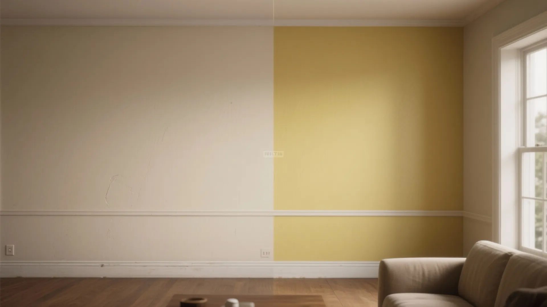 Interior wall painted in two colors with white on left and yellow on the right