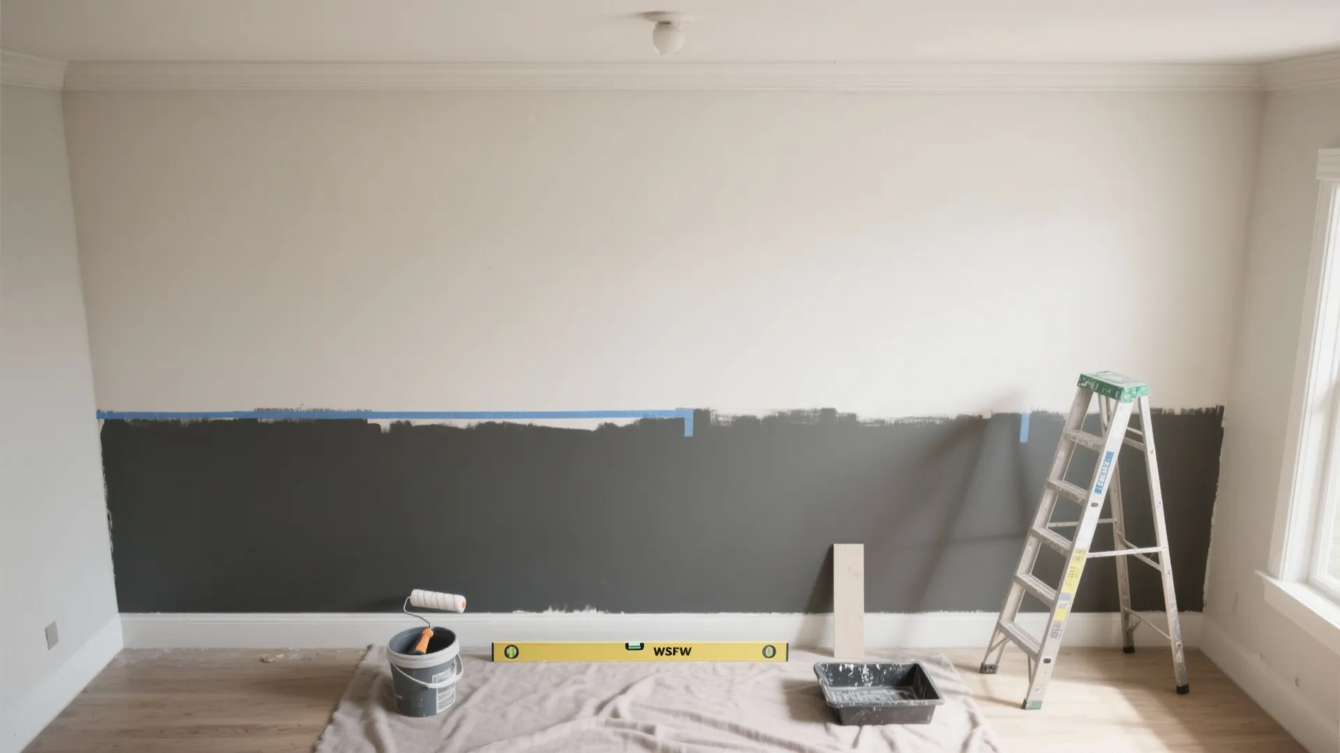 Top-down view of a two-tone horizontal wall split with painter's tape, ladder and painting tools showing the height illusion technique.