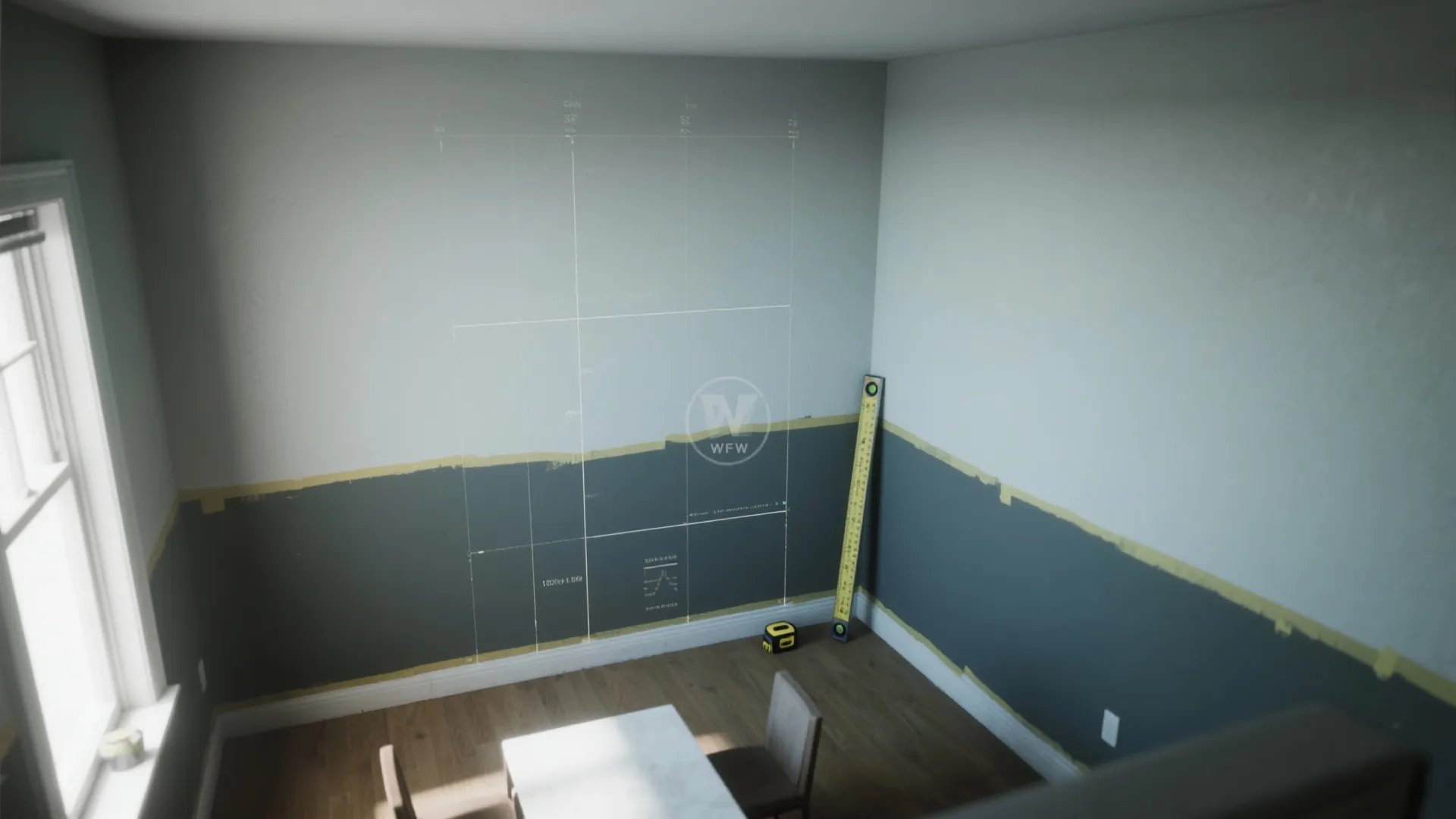 Top-down view of a small room showing a precise two-tone wall split with painter's tape and measuring tools.