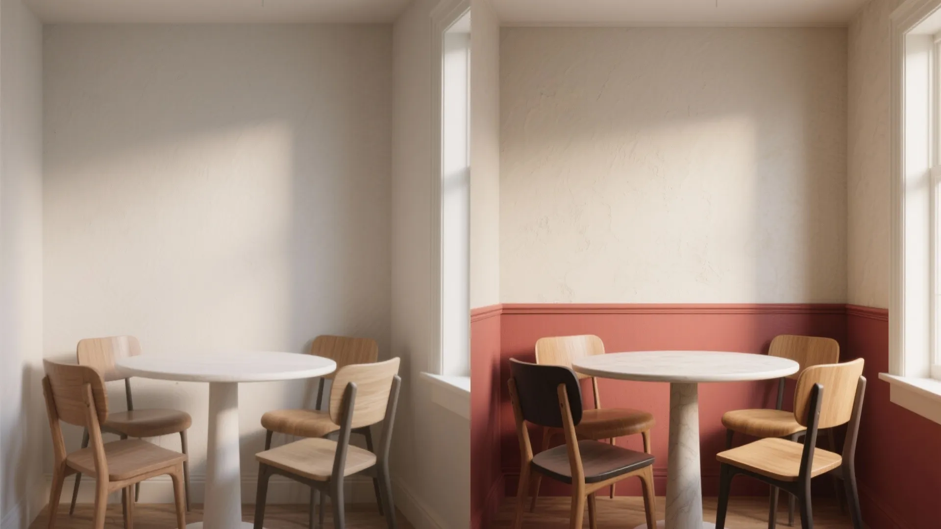 Before-and-after dining nook with lower third painted red and pale neutral above, showing a grounded, larger feel.