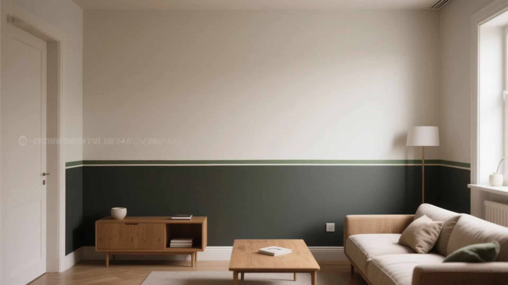 Living room with two tone green and white walls wooden cabinet coffee table and beige sofa