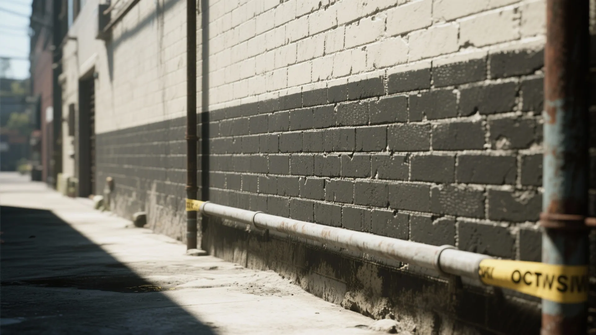 Exterior brick wall painted in white and dark grey along a sunny industrial narrow alleyway