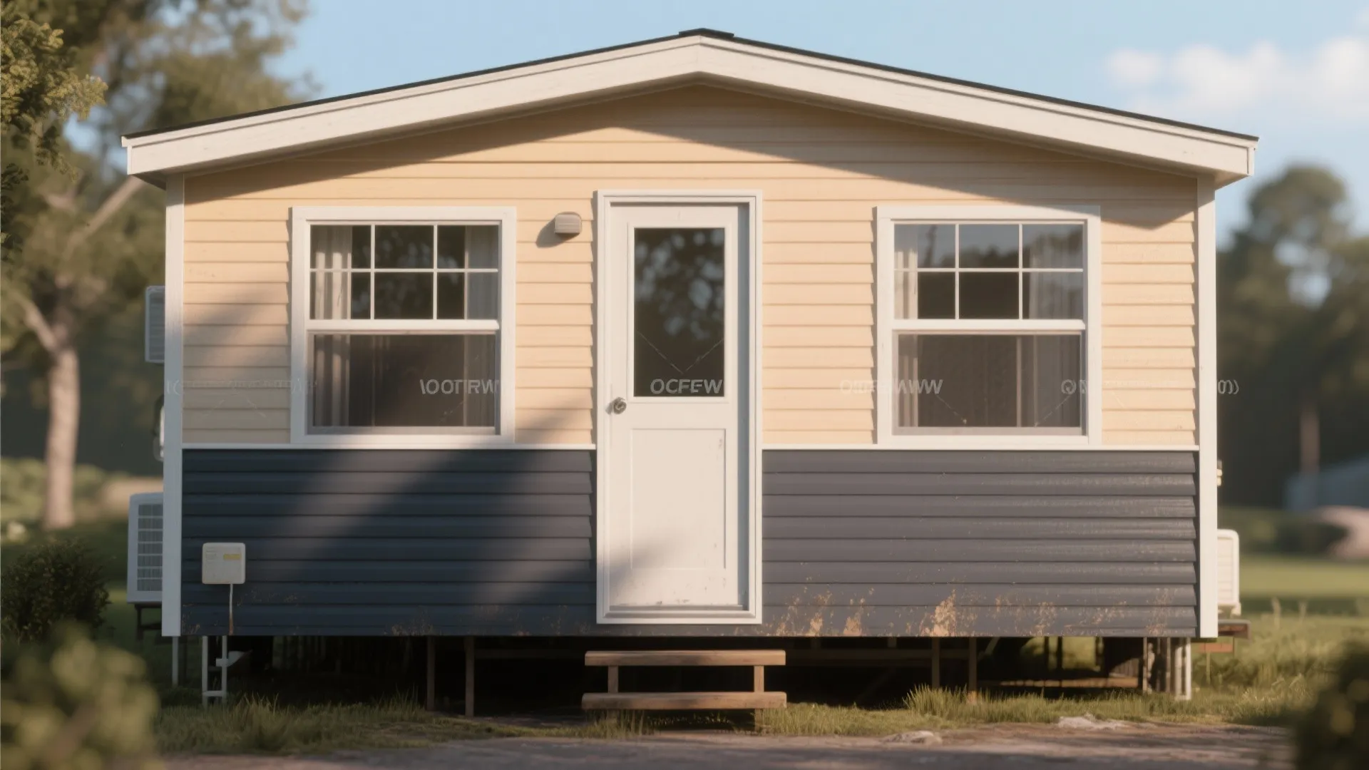 Modern mobile home exterior with yellow and dark blue wall panel siding and white windows