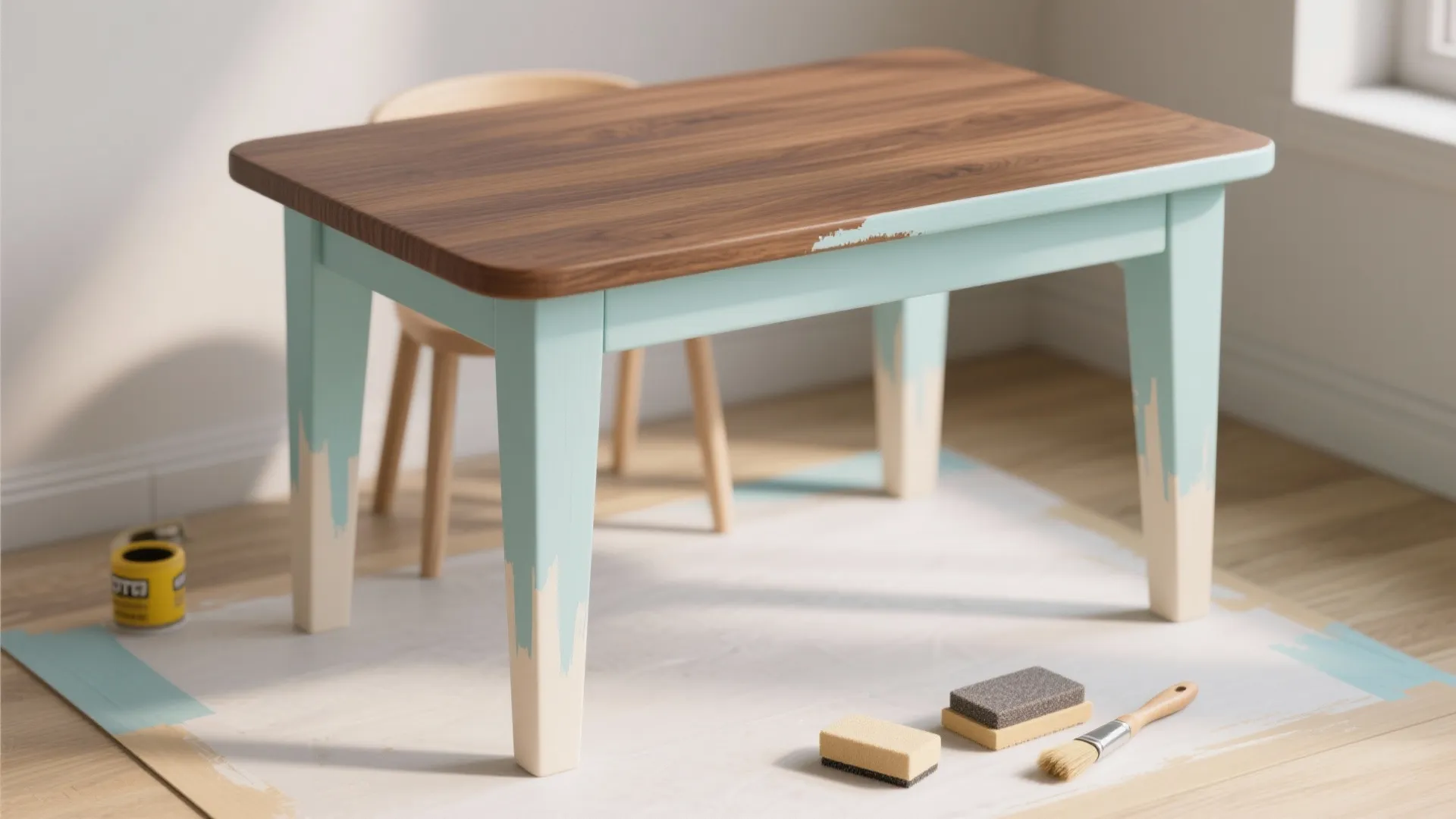 Small wooden table being painted with light blue color showing brushes and sponges on floor mat