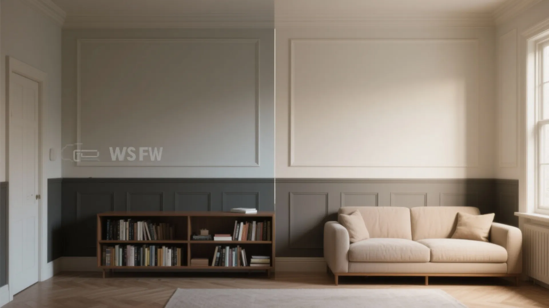 Living room wall design split into white and grey wall panel with sofa and bookshelf