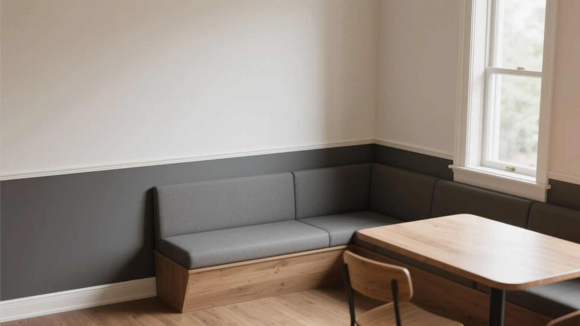 Dining nook with grey corner sofa seating wooden table and white wall with grey paint