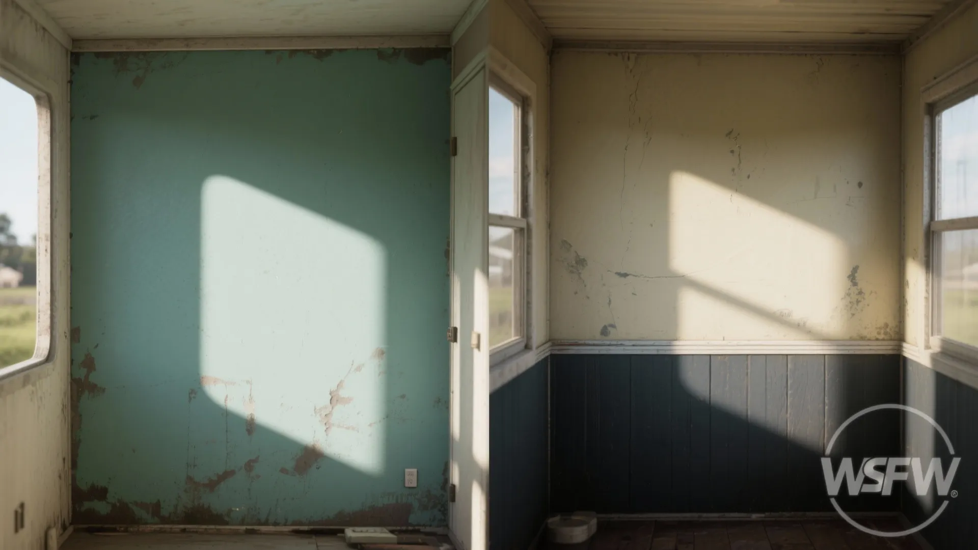 Before and after comparison of old teal walls versus new dark blue and white wall panel