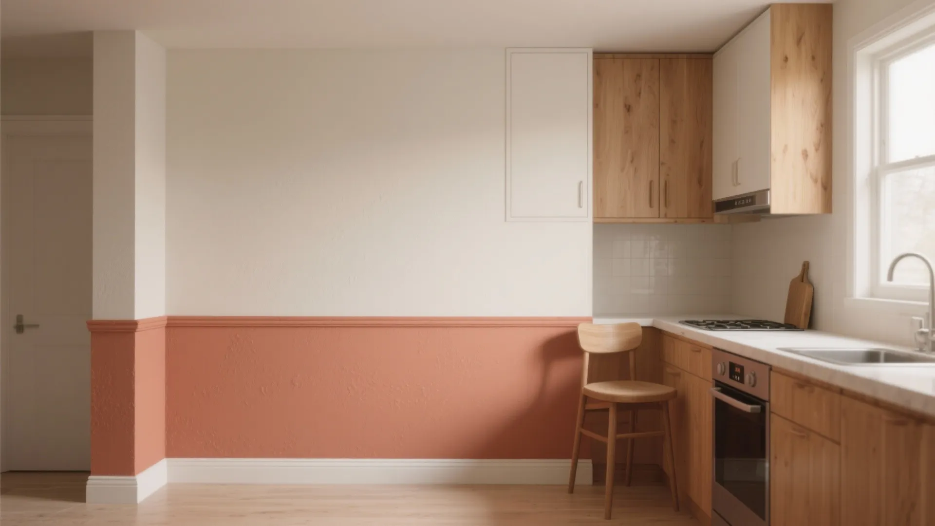 Small kitchen with a horizontal two-tone wall split at chair-rail height creating depth while saving paint.