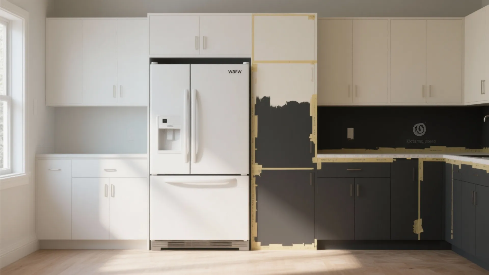 Kitchen cabinets being painted black with masking tape applied next to a large white refrigerator