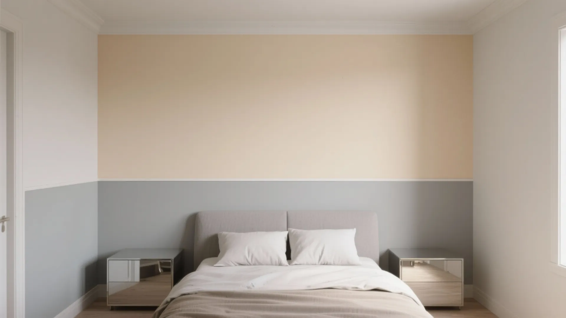 Minimalist bedroom with two tone wall paint in beige and grey with a simple bed