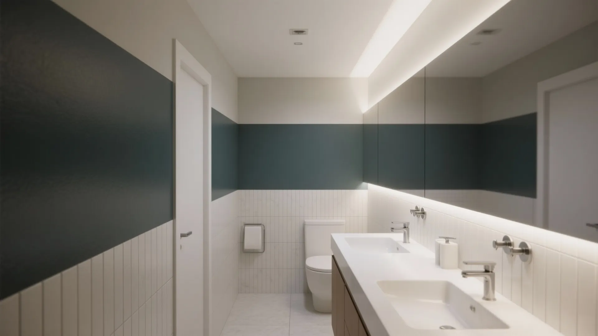Modern narrow bathroom with two white sinks large mirror blue wall stripe and white tiles