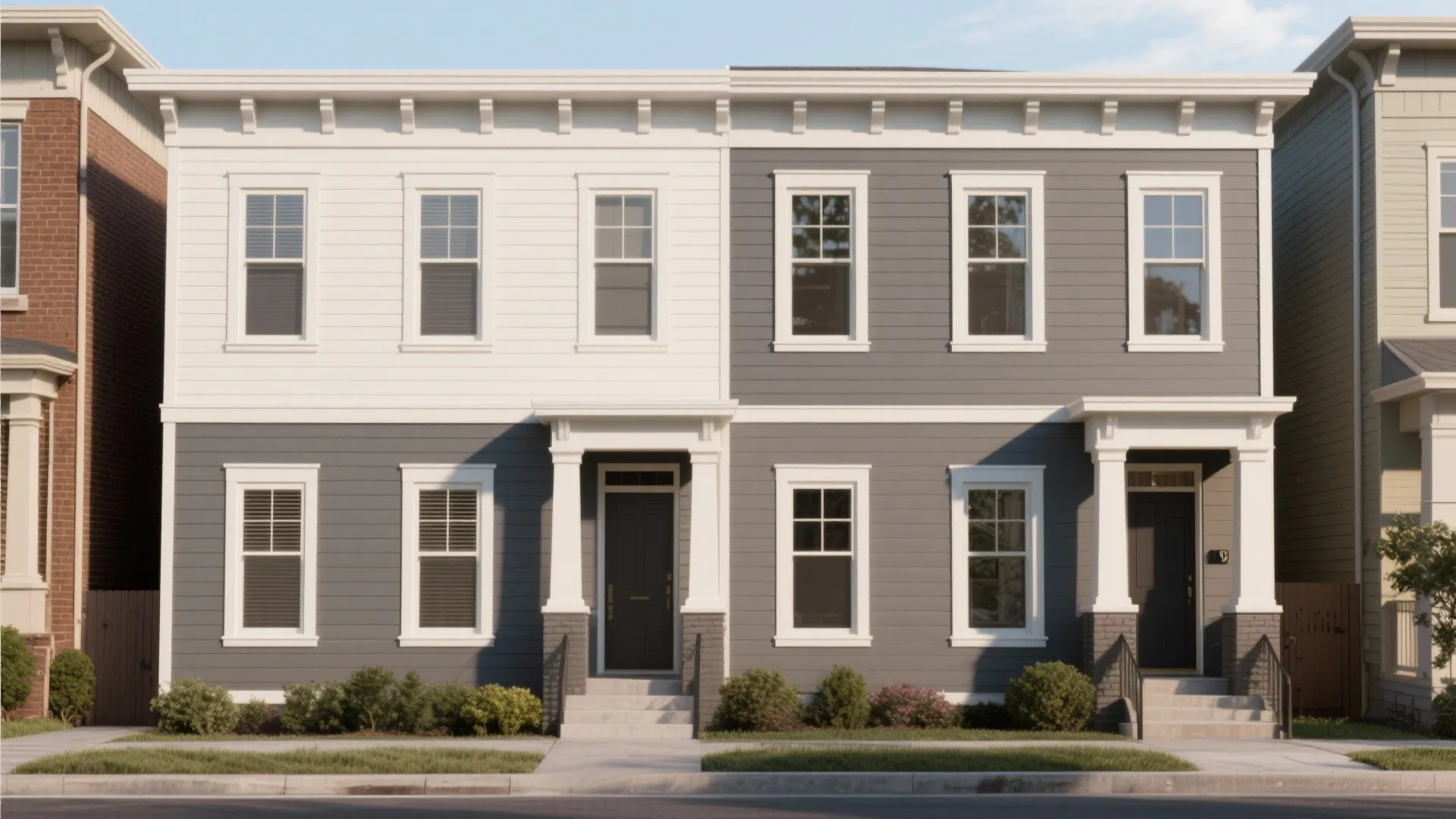Two-story house exterior with white and grey wall panels black doors and many small windows