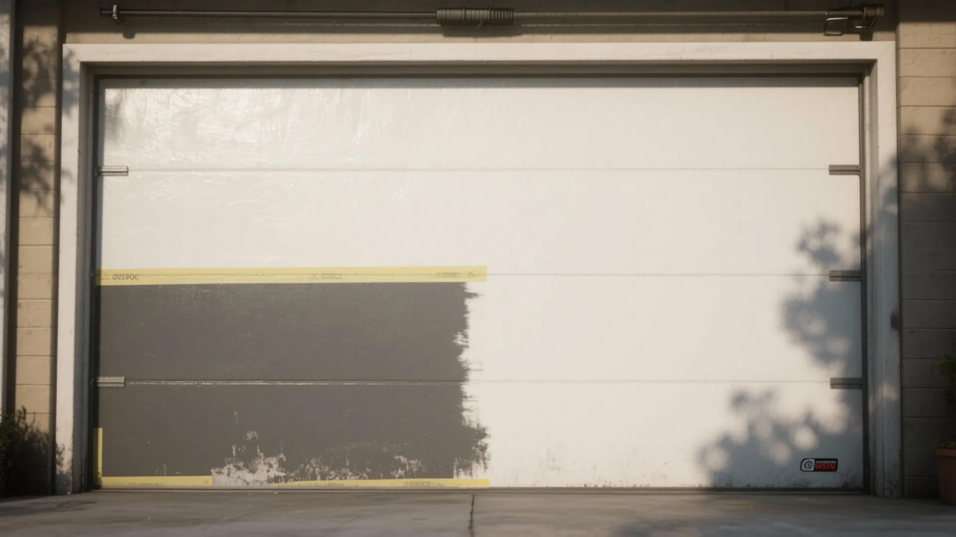 Garage door painting project showing comparison between dark gray paint and original white surface finish