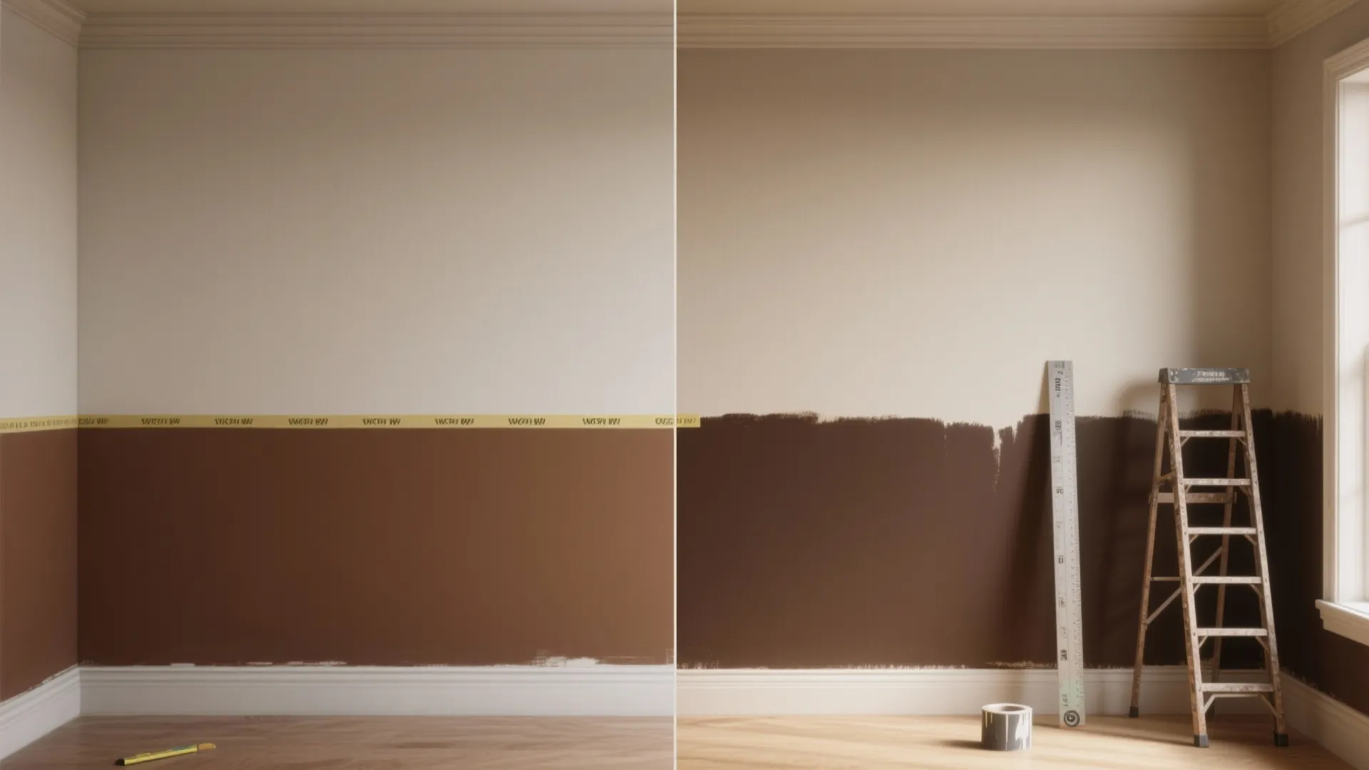 Before and after comparison of painting a wall with brown paint and using masking tape