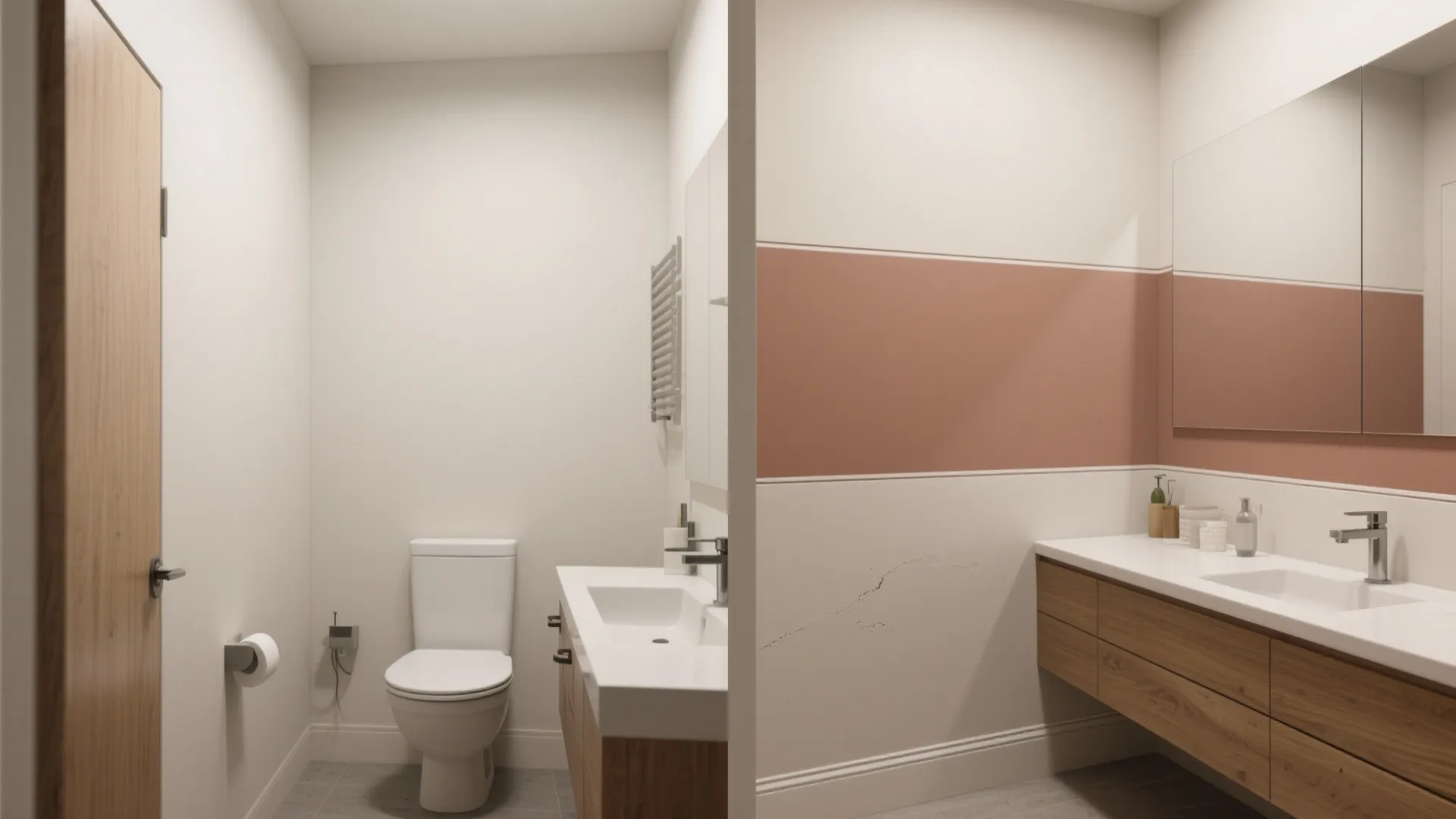 Modern bathroom interior design drawing featuring white toilet and wood cabinet with a pink wall