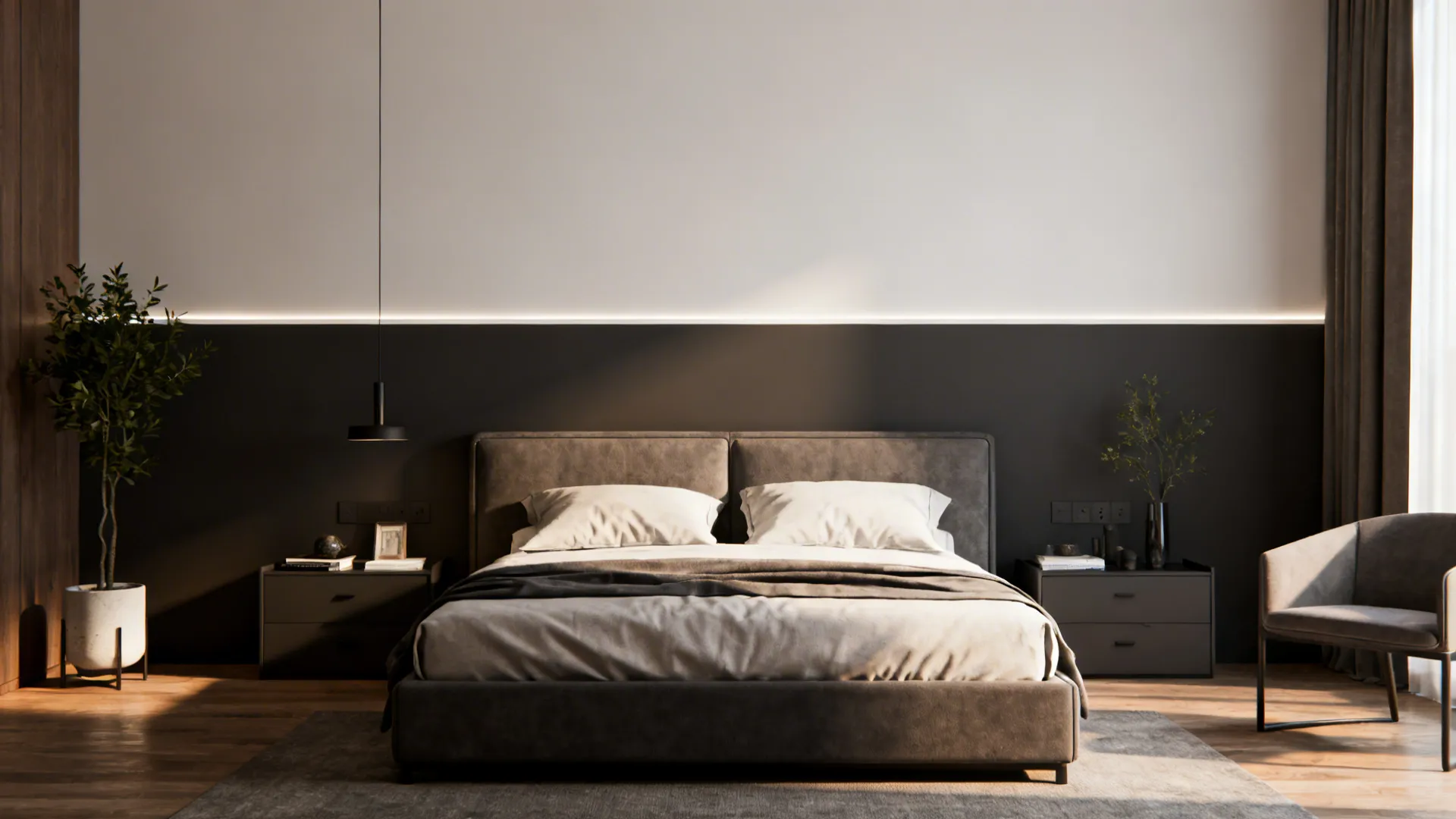 Bedroom with a two-tone horizontal wall split creating a cozy balanced feel