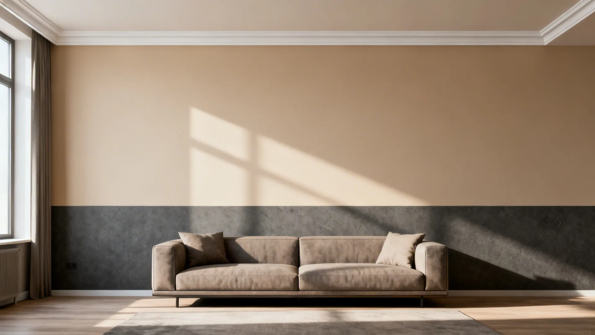 Living room with a horizontal two-tone wall split anchoring the seating area