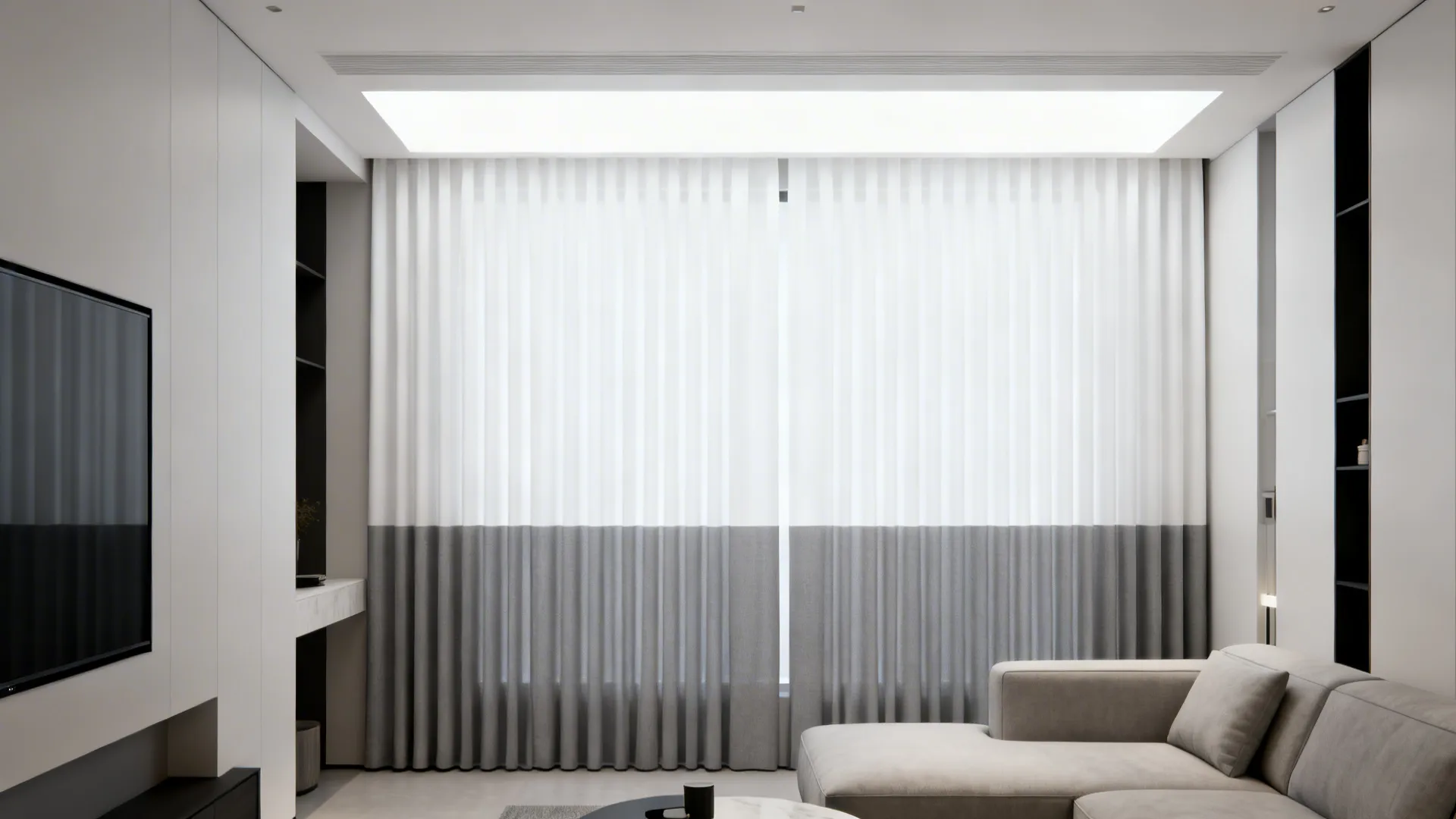 Narrow living room with vertically split curtains: grey bottom and white top panels that visually anchor the sofa.
