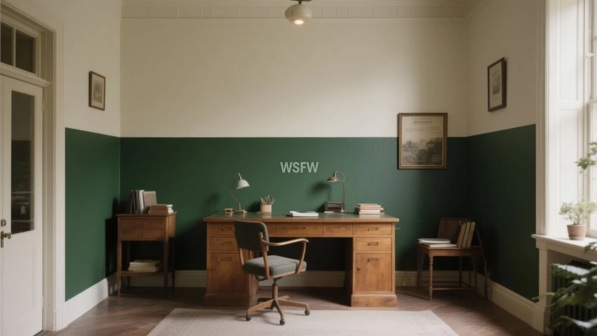 Traditional study room featuring green and white walls wooden desk classic chair and wall light