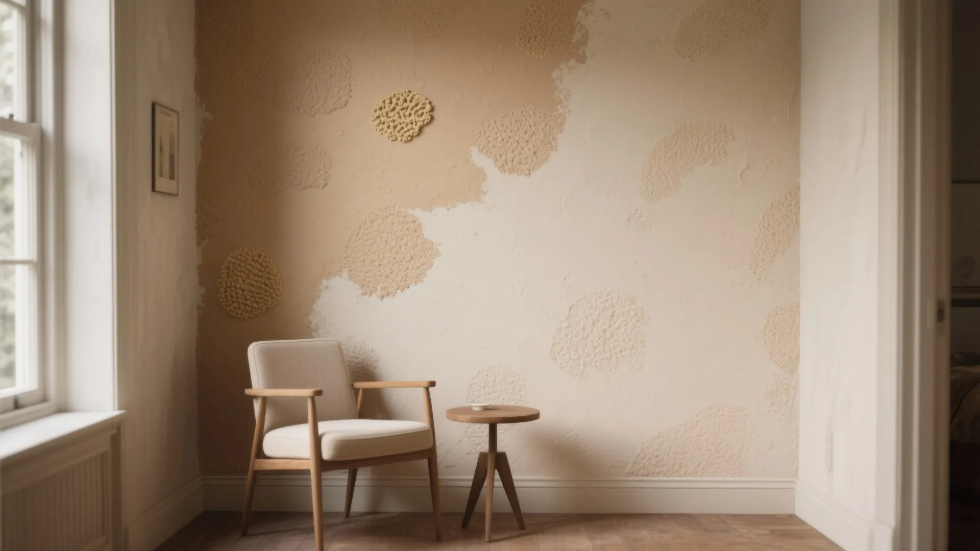 Room with textured beige wall paint patterns next to a simple chair and small side table