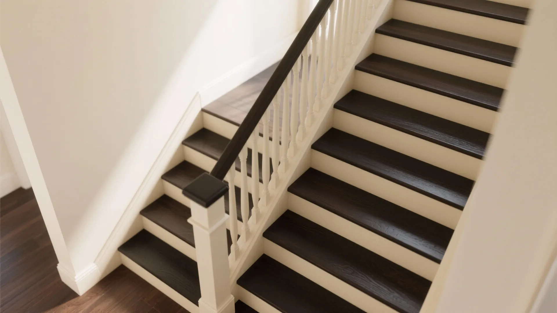 Two tone stairs featuring dark wood steps and white panels with a classic white handrail