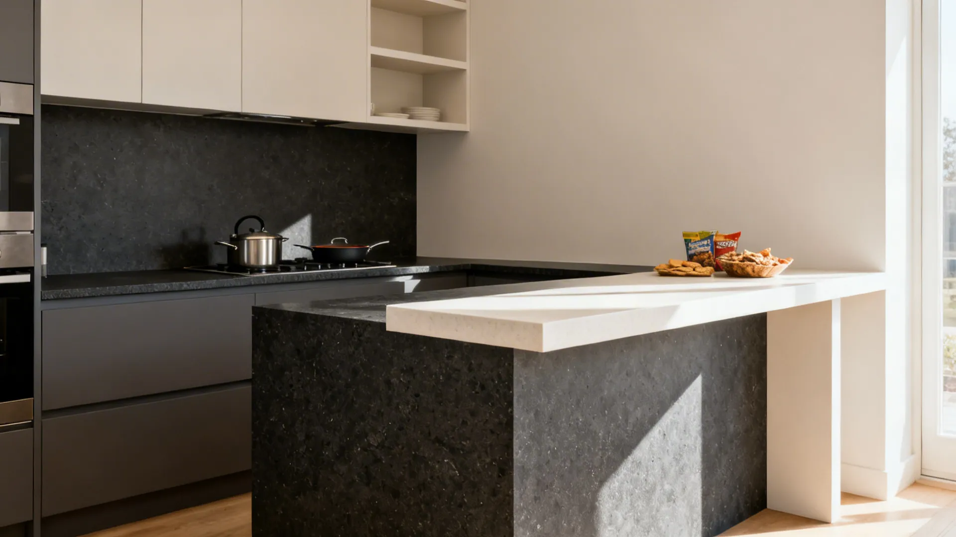 Two-tone double slab with dark honed prep counter and light raised serving ledge.