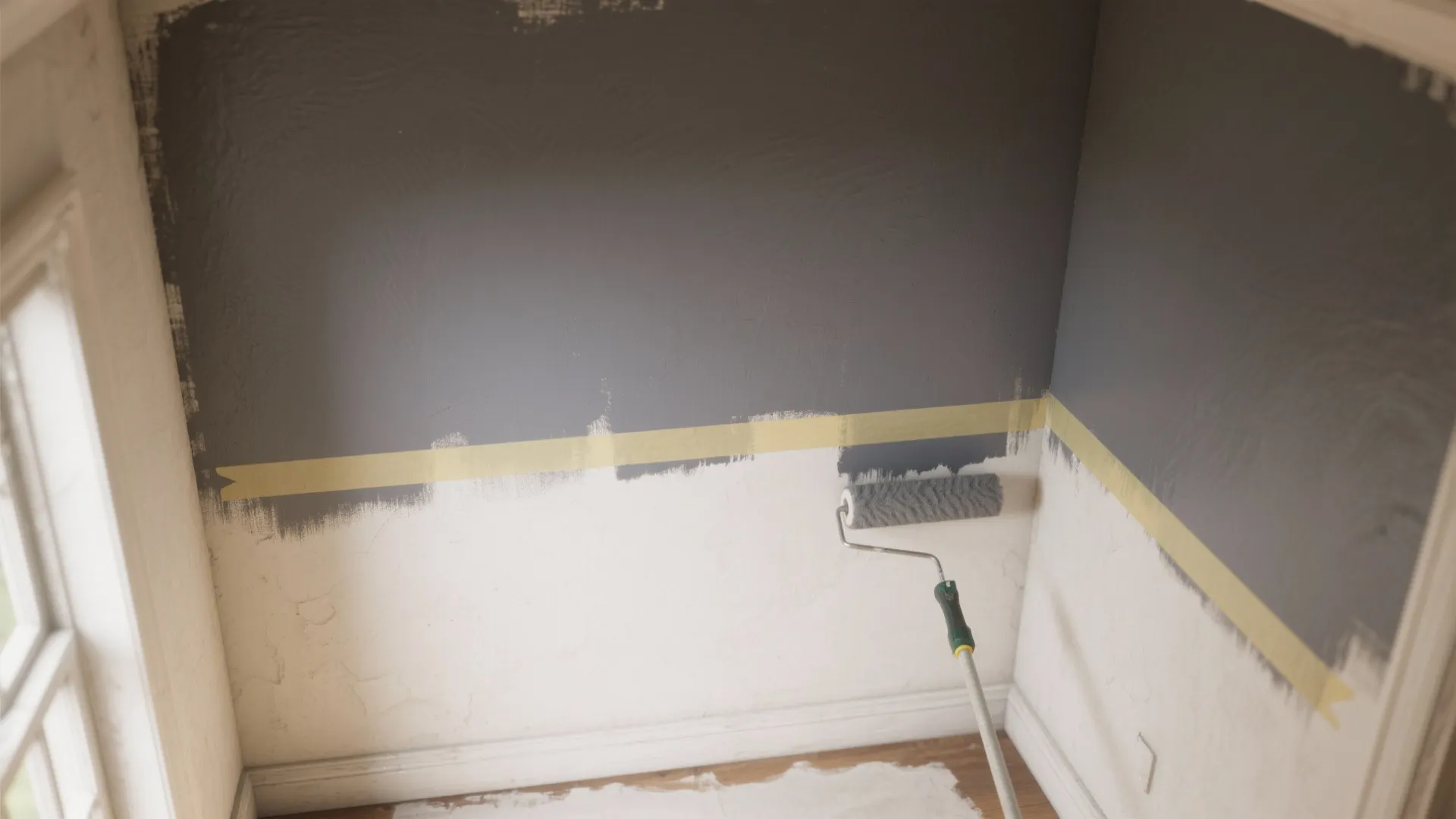 Two-tone lower-third painting process with tape and roller creating visual depth in a small room.