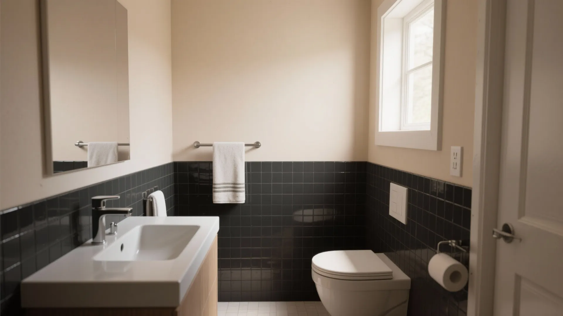 Compact bathroom with two-tone painted tile: dark lower third and neutral upper wall with aligned fixtures