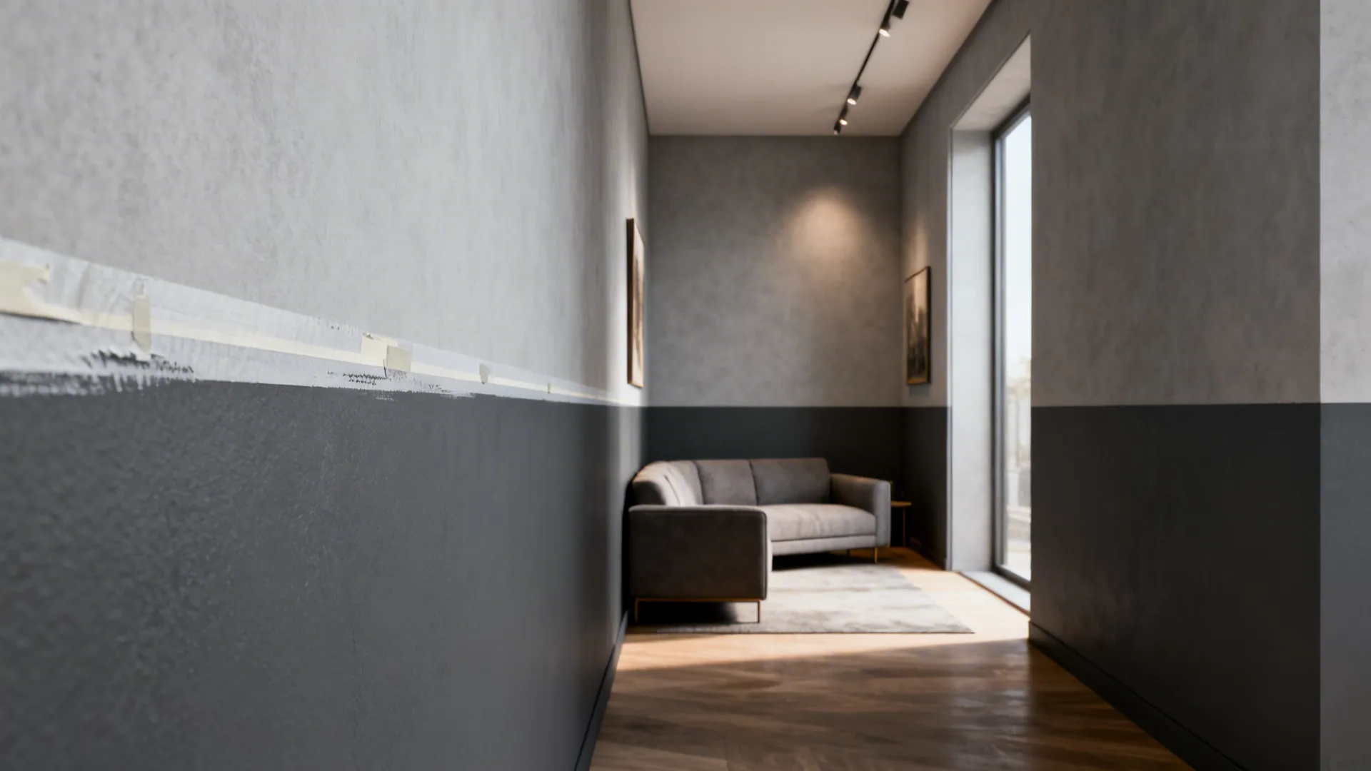 Narrow living room with two-tone grey wall separated by a slim accent stripe and a grounded sofa.