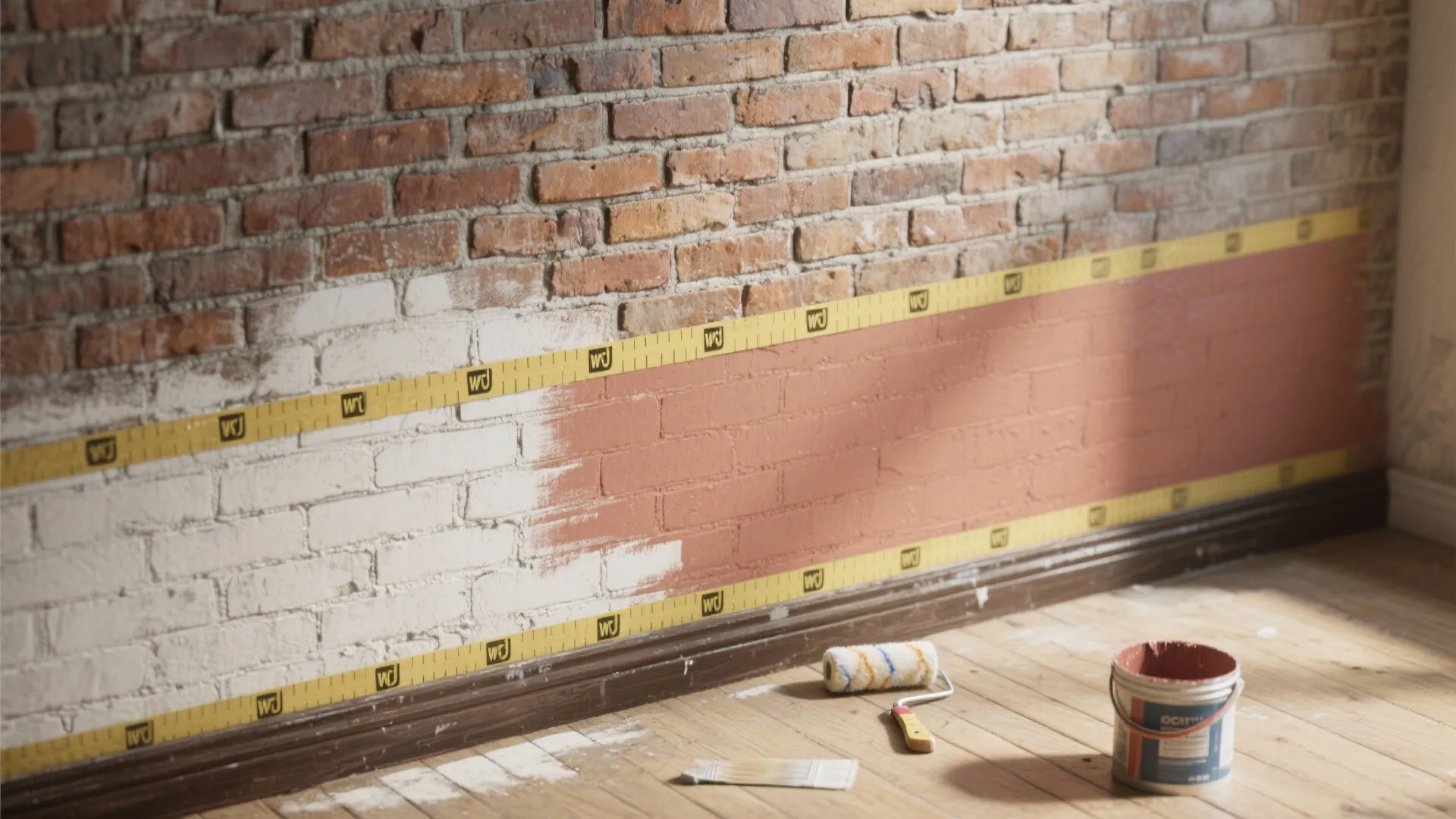 A brick wall being painted white and pink with yellow tape paint roller and a bucket