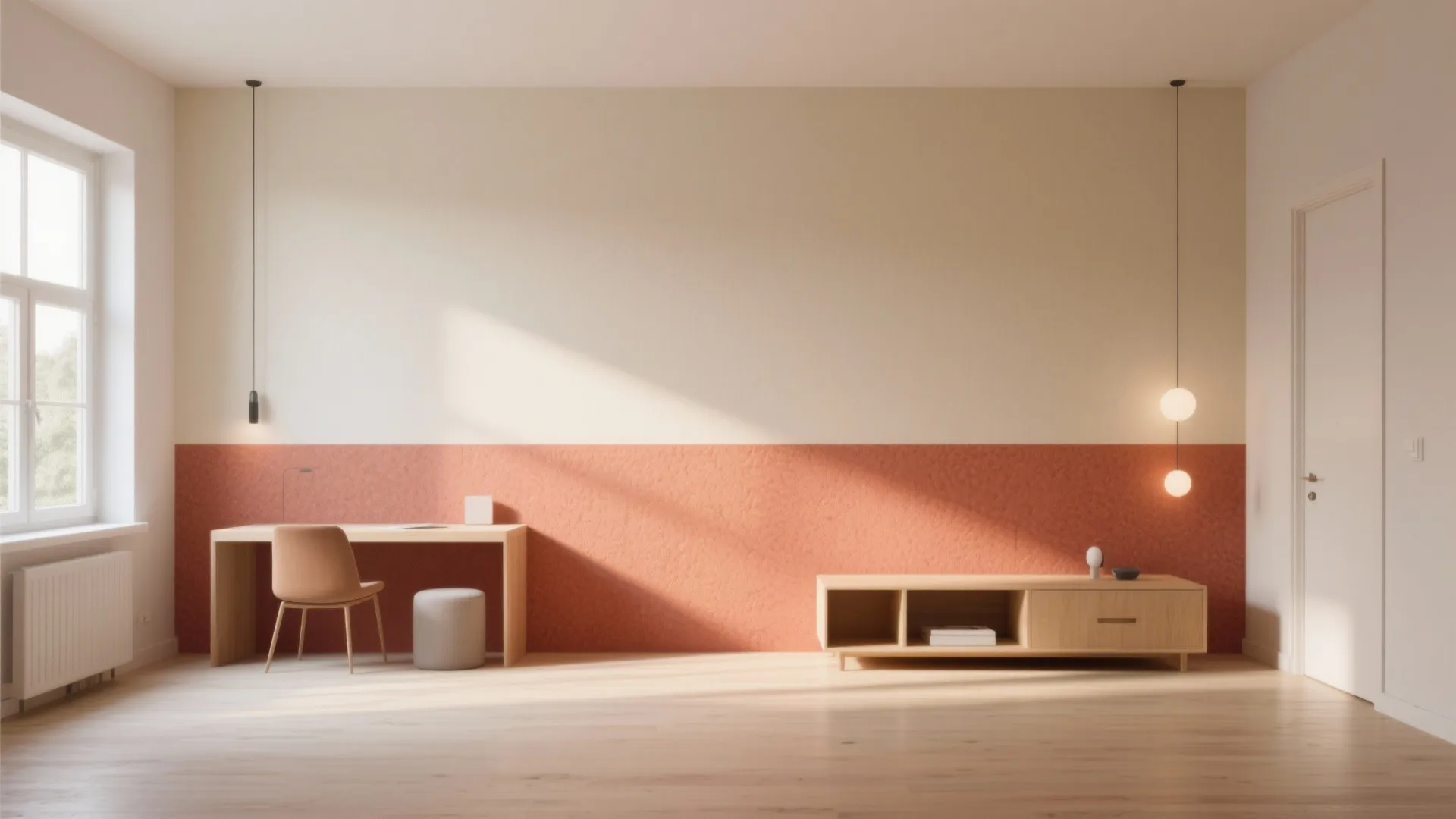 Minimalist home office with a beige and orange wall wooden desk chair and light fixture