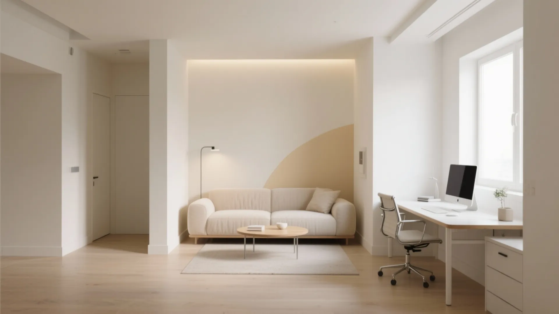 Modern studio apartment with two tone wall paint a white sofa and a white desk