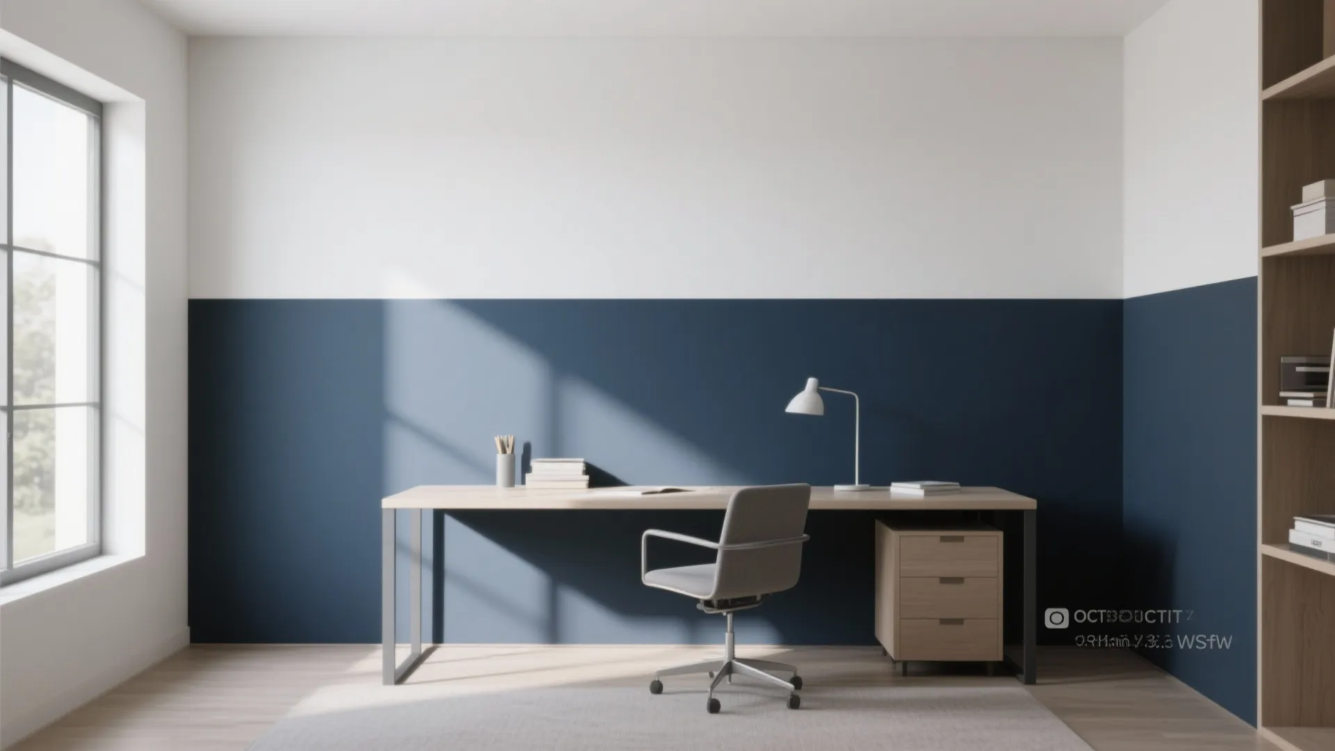 Minimalist study room featuring blue and white walls wooden desk grey office chair and natural light