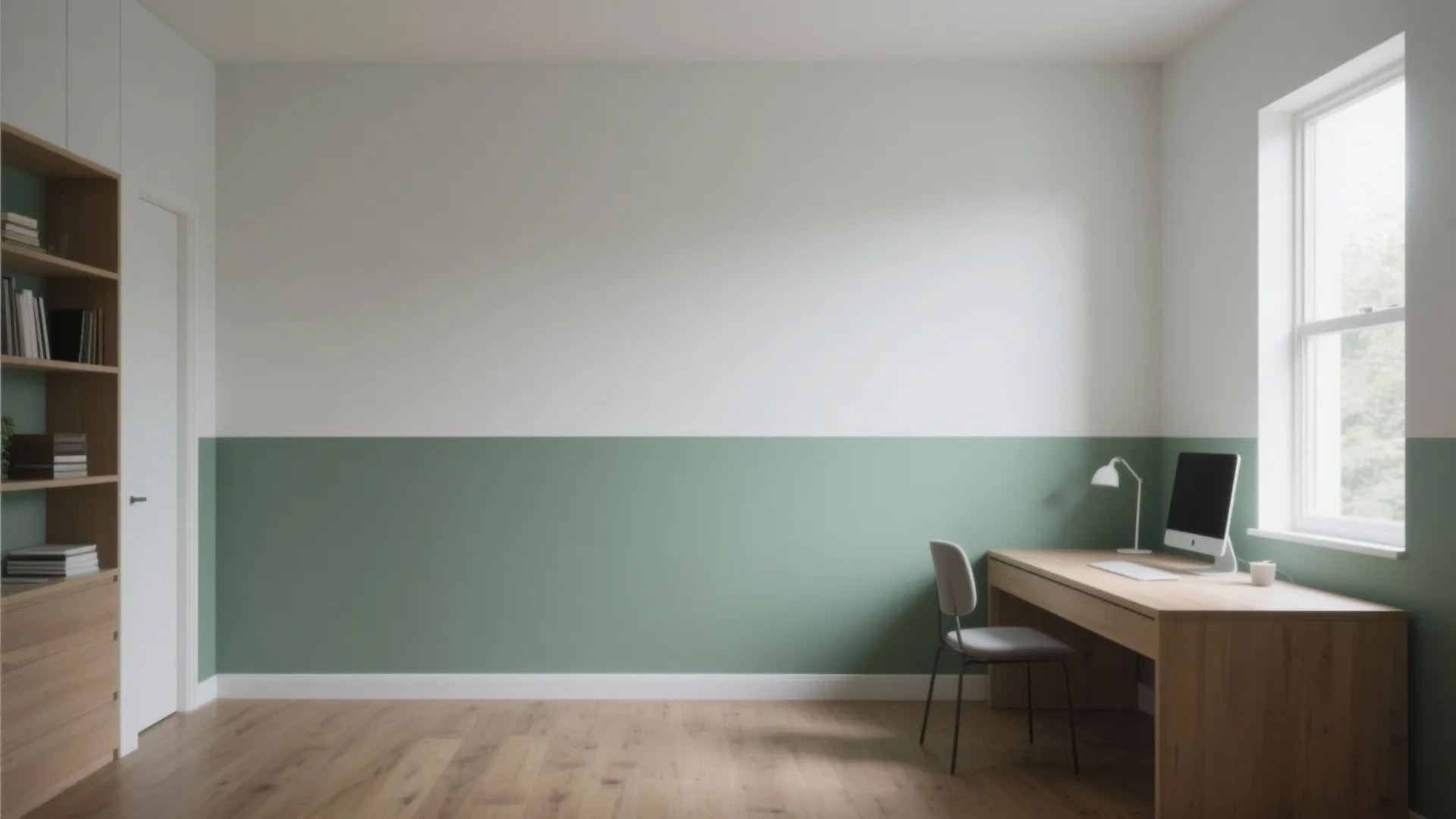 Minimalist office space with green and white wall paint wooden desk computer and tall bookshelf
