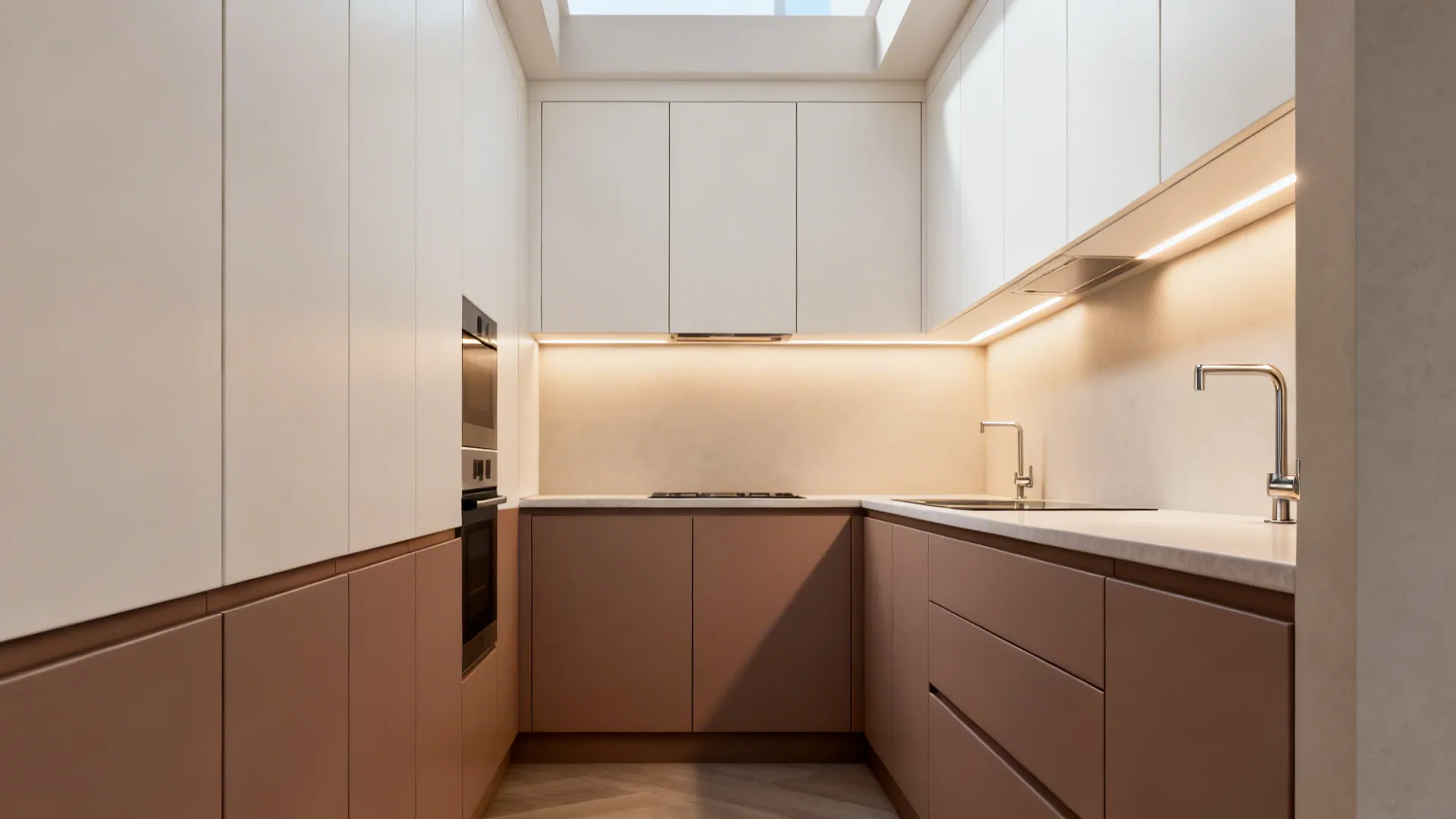 Two-tone kitchen with mushroom matte lower cabinets and warm white uppers in a small galley.