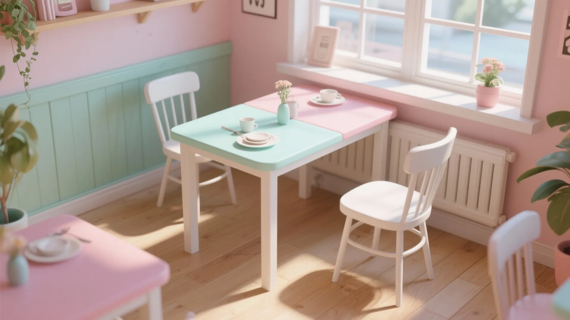 Pastel dining area featuring a pink and green table with white chairs on light flooring