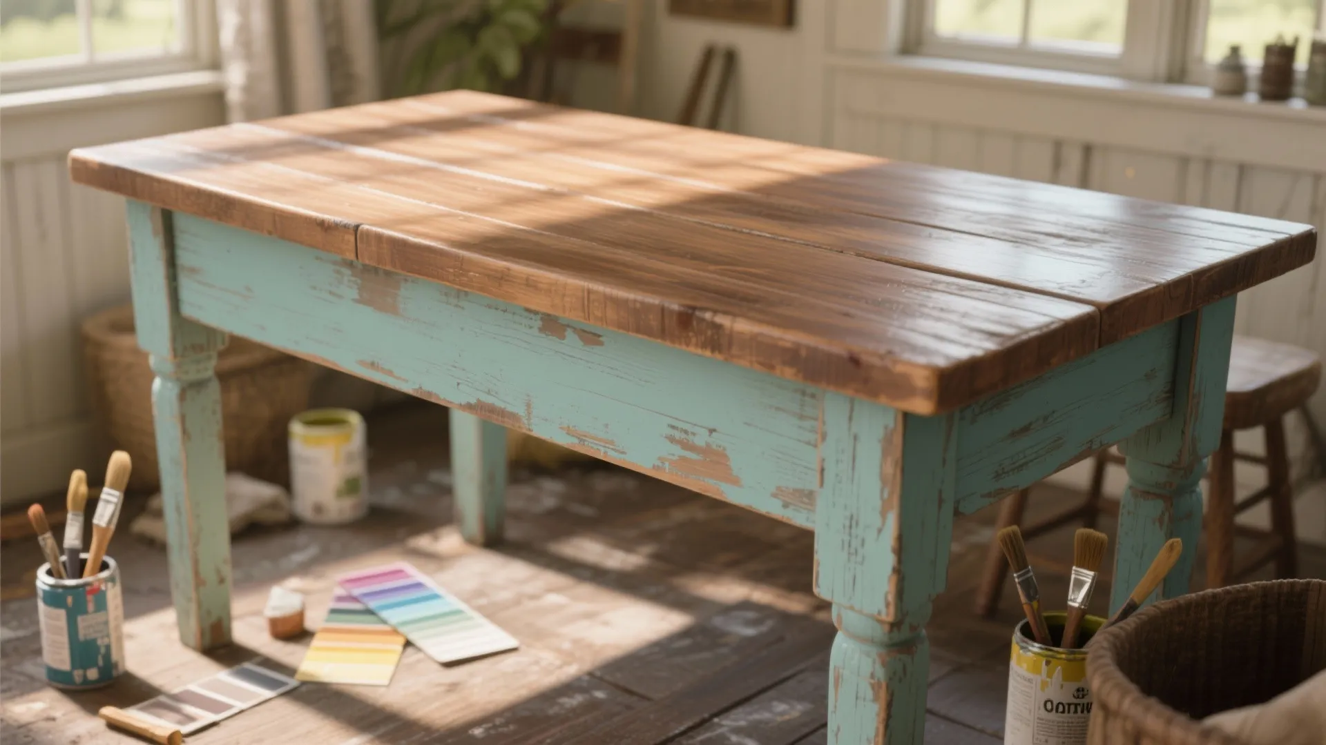 4. Painted Two-Tone Farmhouse Table (DIY Budget-Friendly)