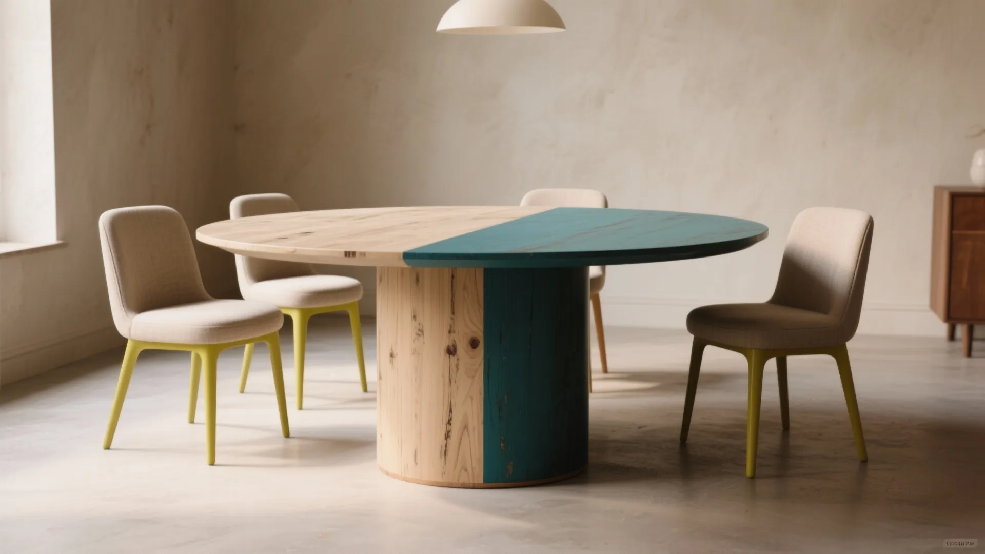 Dining table with two-tone paint finish and chairs with painted legs, shown in a softly lit interior.