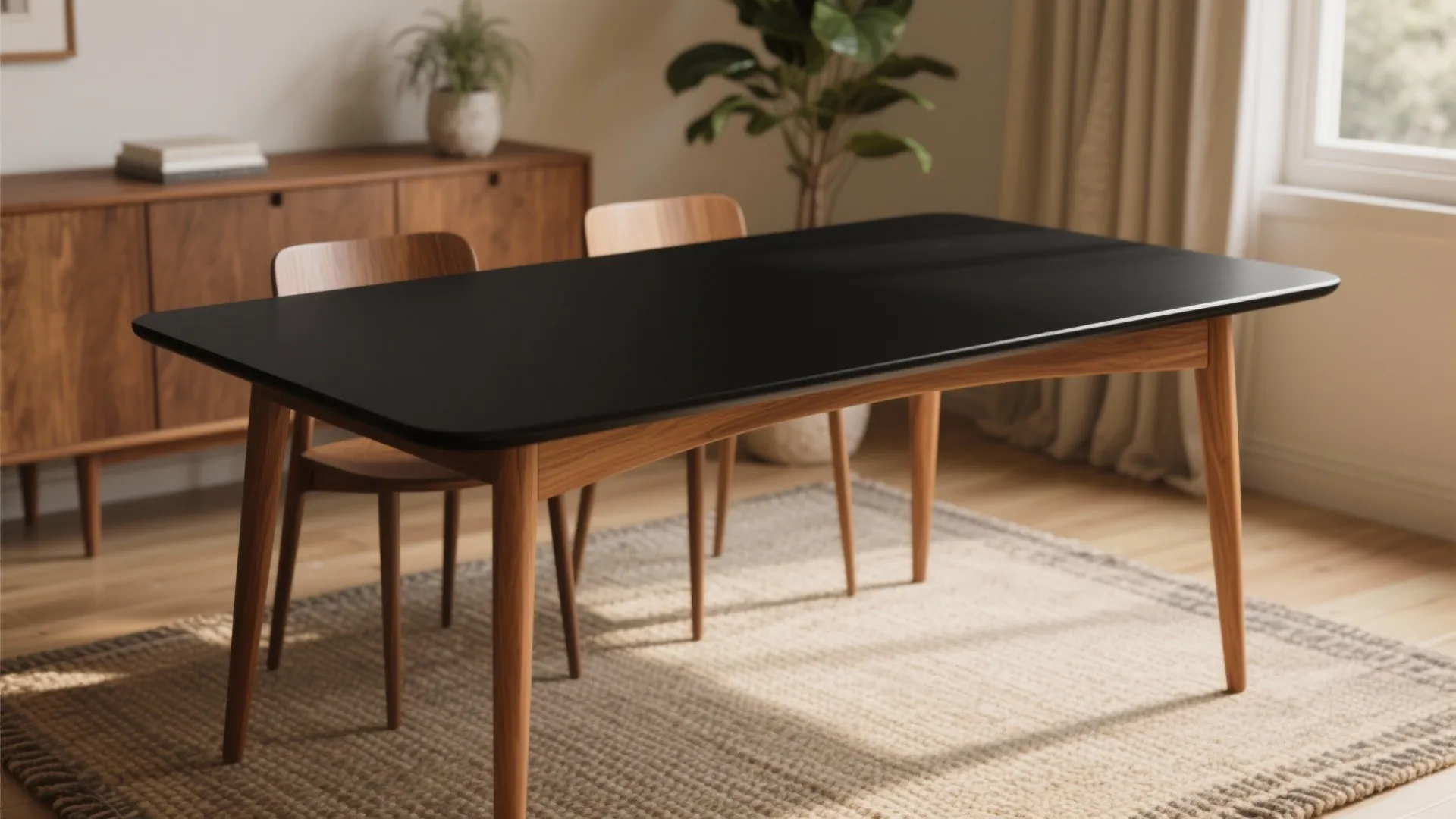 Modern dining room featuring black tabletop with wooden legs on rug near cabinet and plant